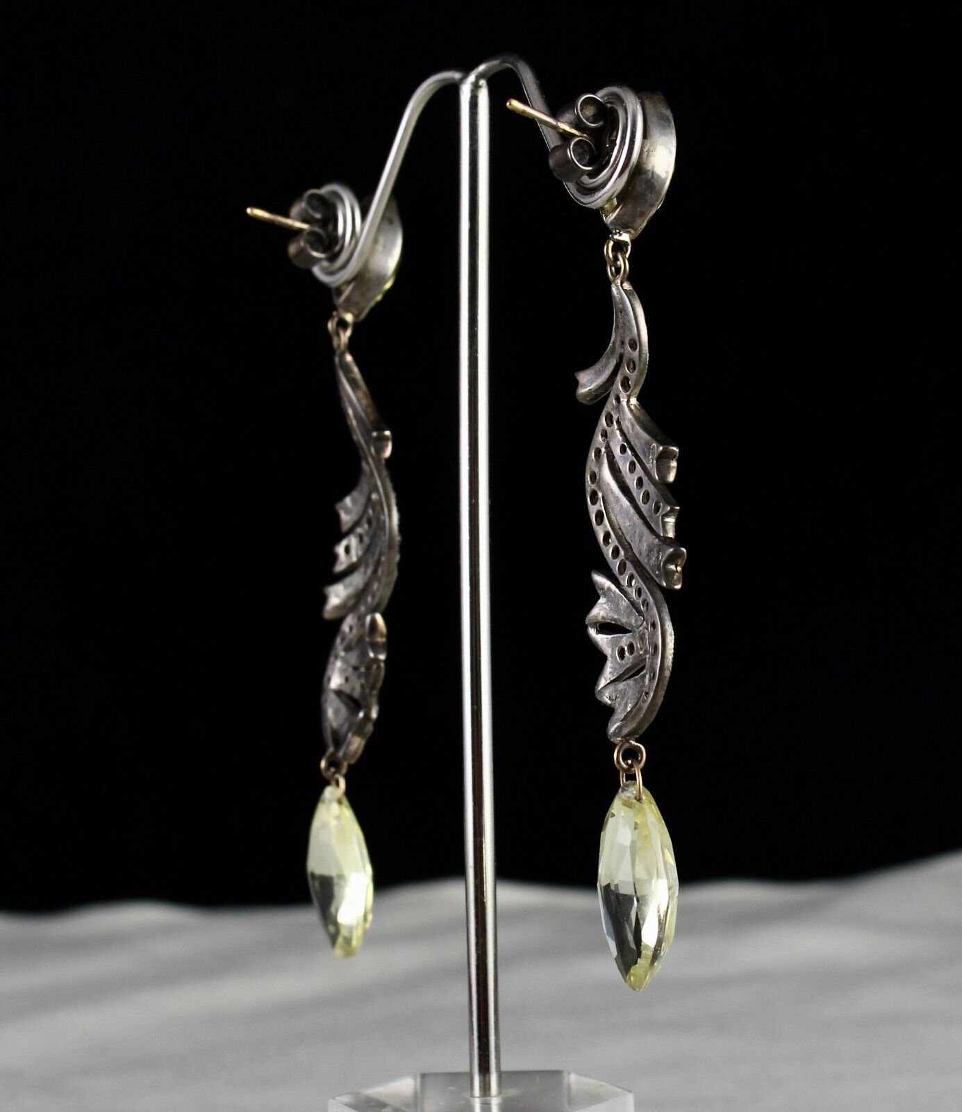 NATURAL LEMON QUARTZ TEAR DROPS DIAMOND 18K GOLD 925 SILVER VICTORIAN EARRING