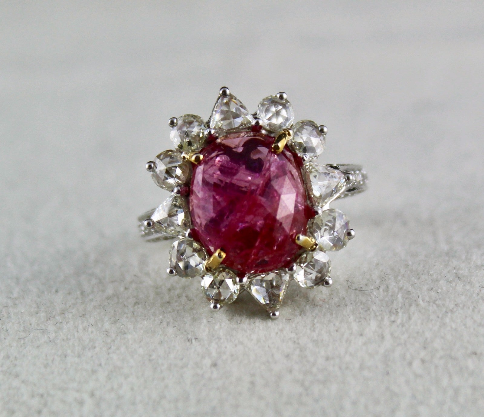 Certified Natural Burma Ruby Cabochon 10ct Diamond 18k White Gold Ring