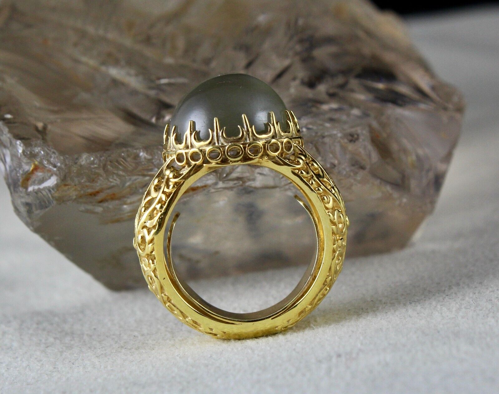 NATURAL MOONSTONE CABOCHON CARVED 925 STERLING SILVER FINE DESIGN GEMSTONE RING