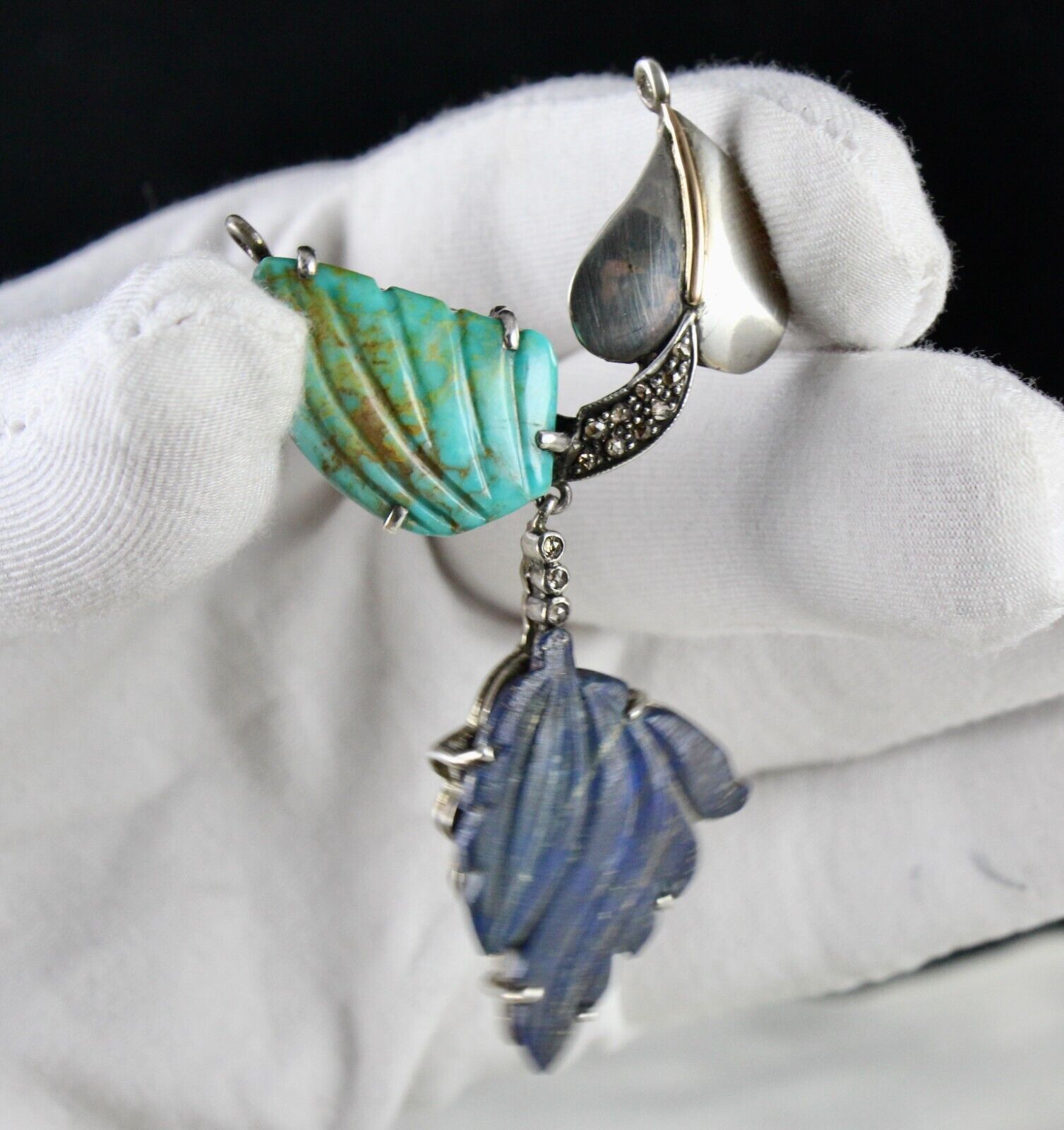 TURQUOISE LAPIS LAZULI CARVED LEAF DIAMOND VICTORIAN 925 SILVER & GOLD PENDANT