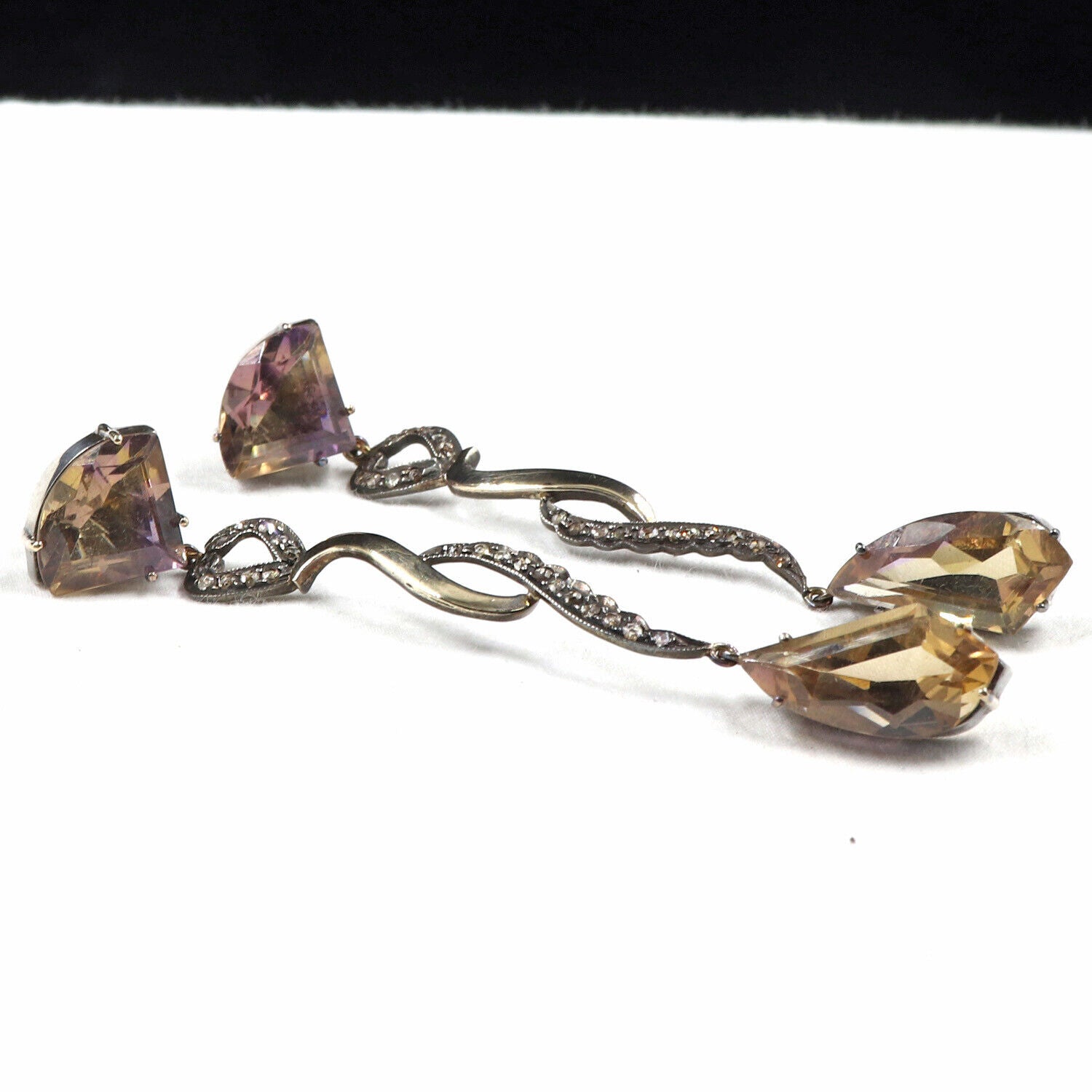 Natural Ametrine Multi Cut 18K Gold Diamond & 925 Silver Victorian Earring