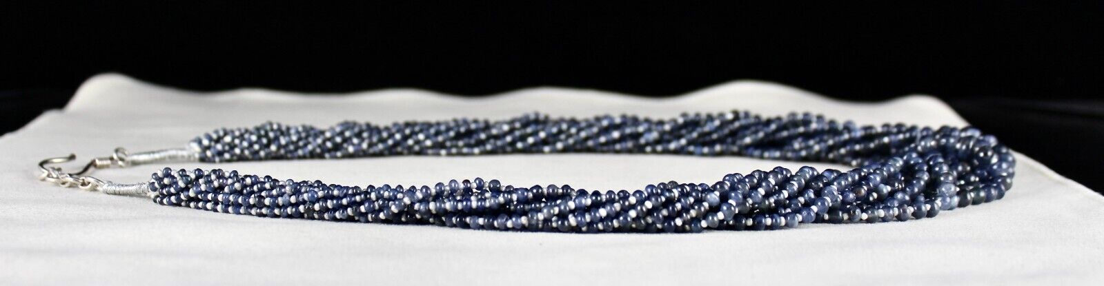 Certified Blue Sapphire & Pearl Round Beaded Necklace -11 L/649 Ct /Silver Clasp