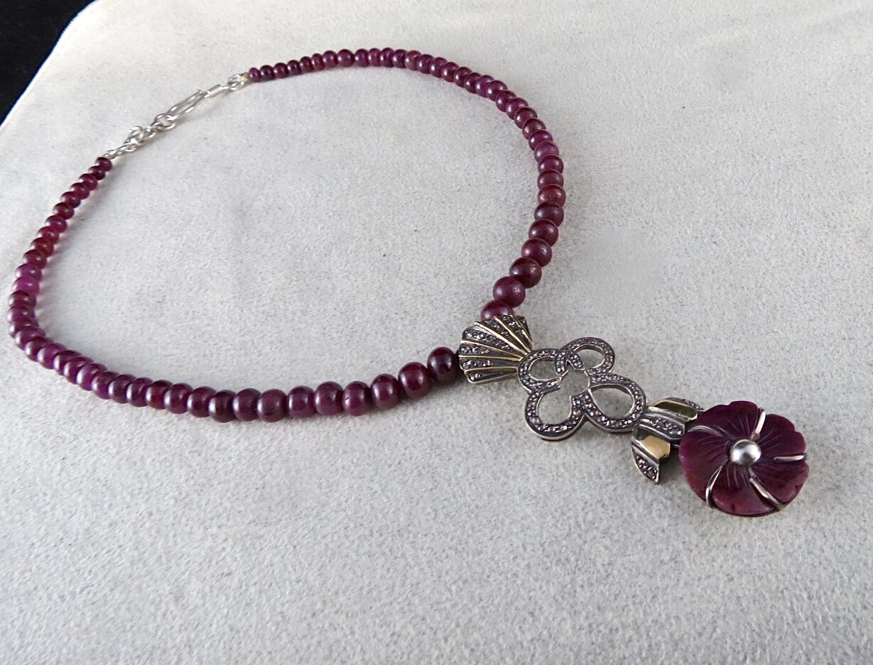 Vintage Natural Ruby Carved Diamond Gold Silver Victorian Pendant Earring Set