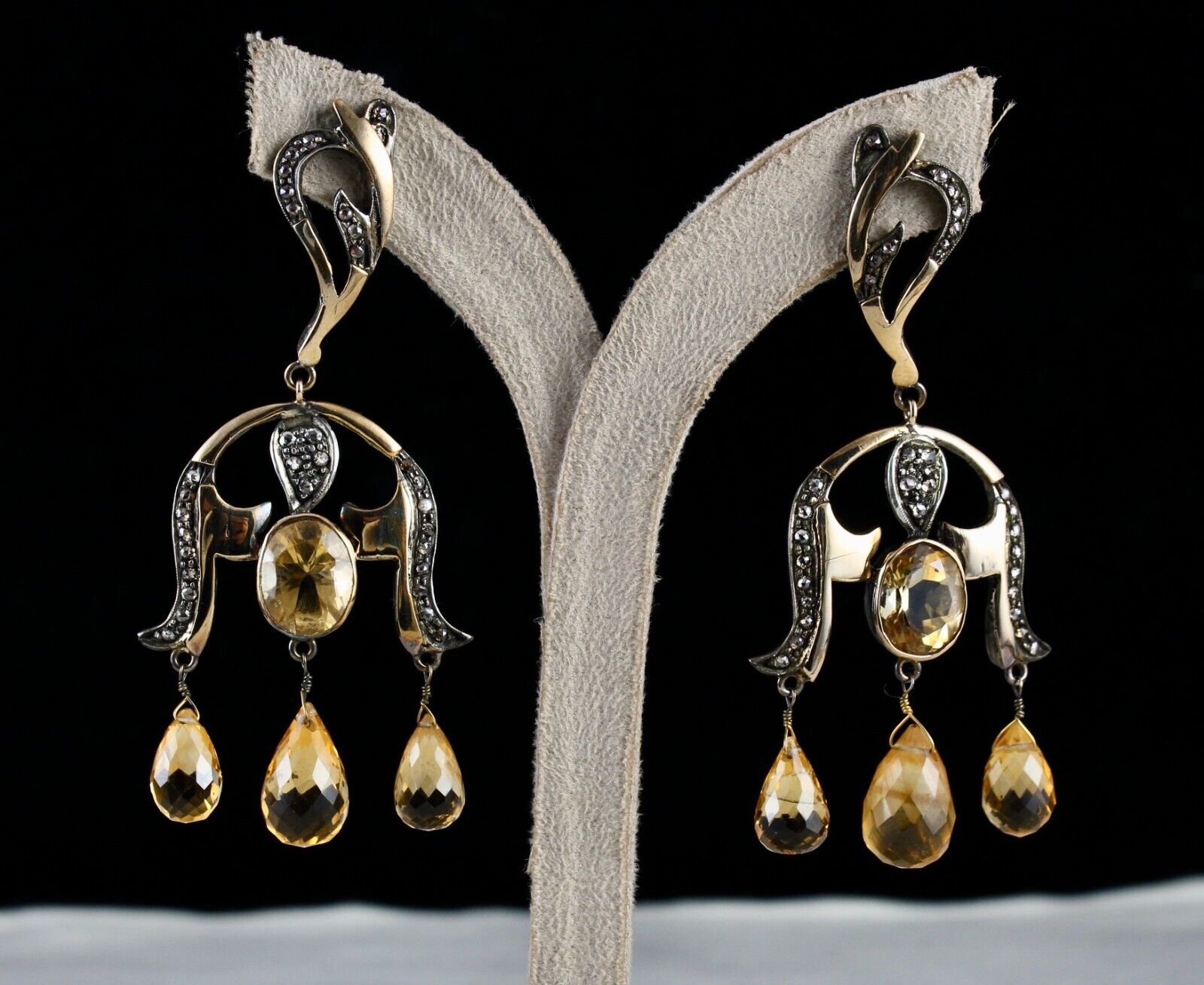 Natural Yellow Citrine Cut Diamond 18K Gold 925 Silver Victorian Vintage Earring