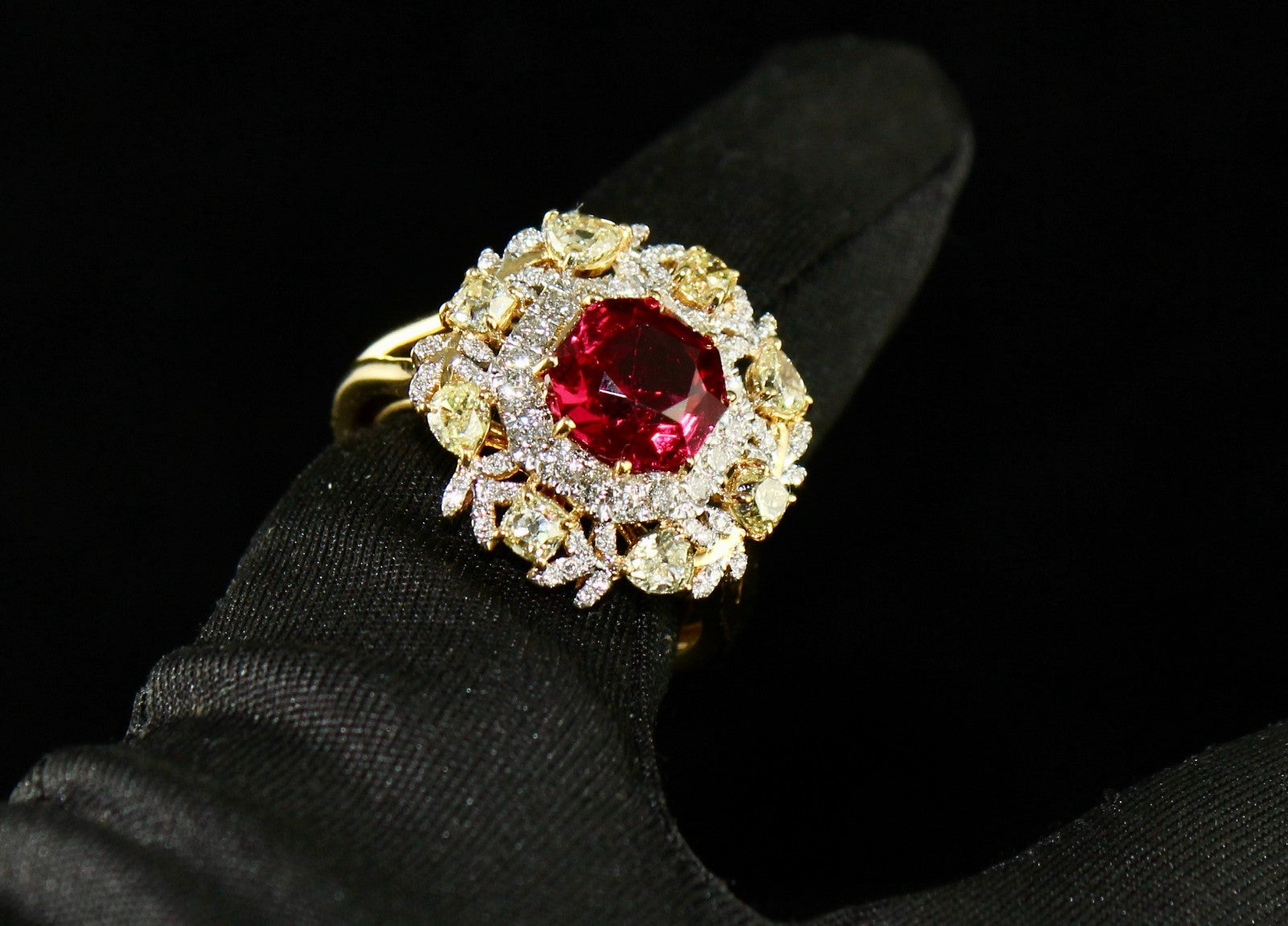 Certified Natural Red Spinel Ring Cut Diamond 18K Gold Statement Finest Jewelry