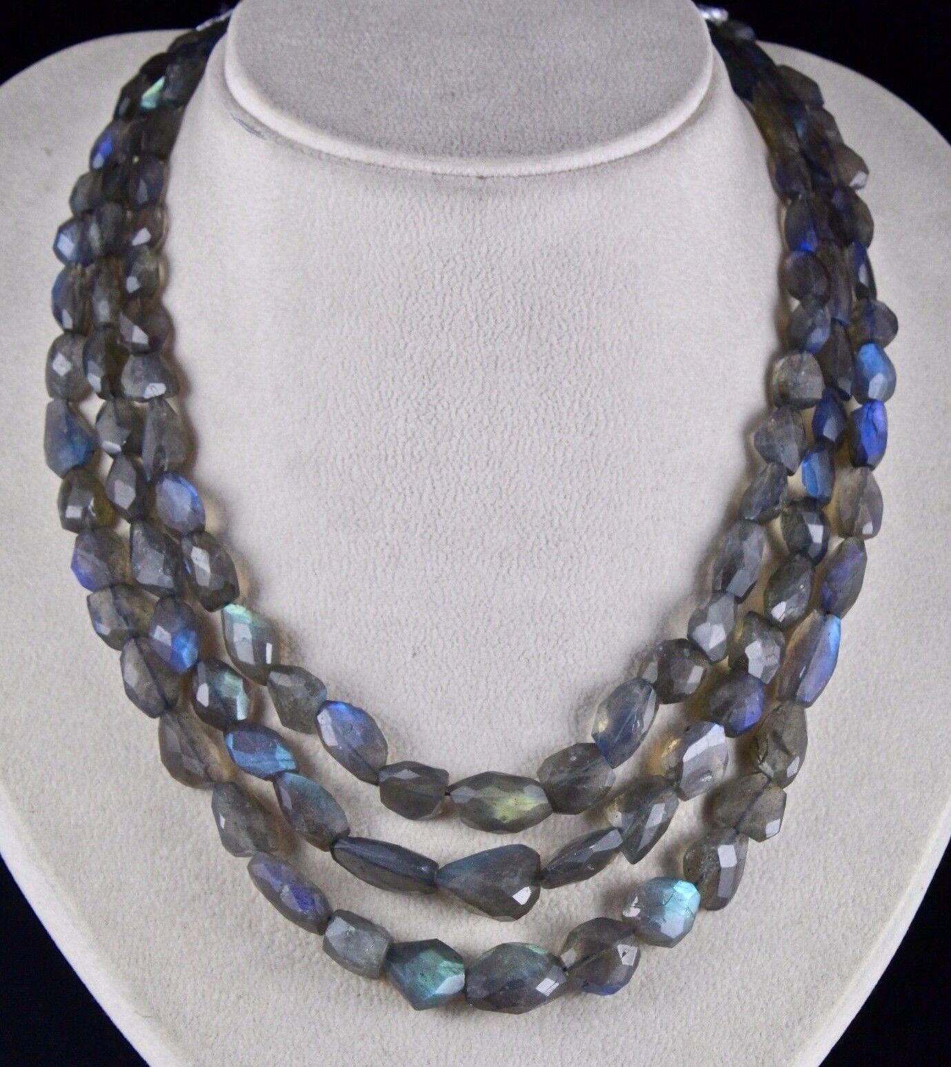 NATURAL BLACK LABRADORITE BEADS FACETED TUMBLE 3 LINE 573 CTS GEMSTONE NECKLACE