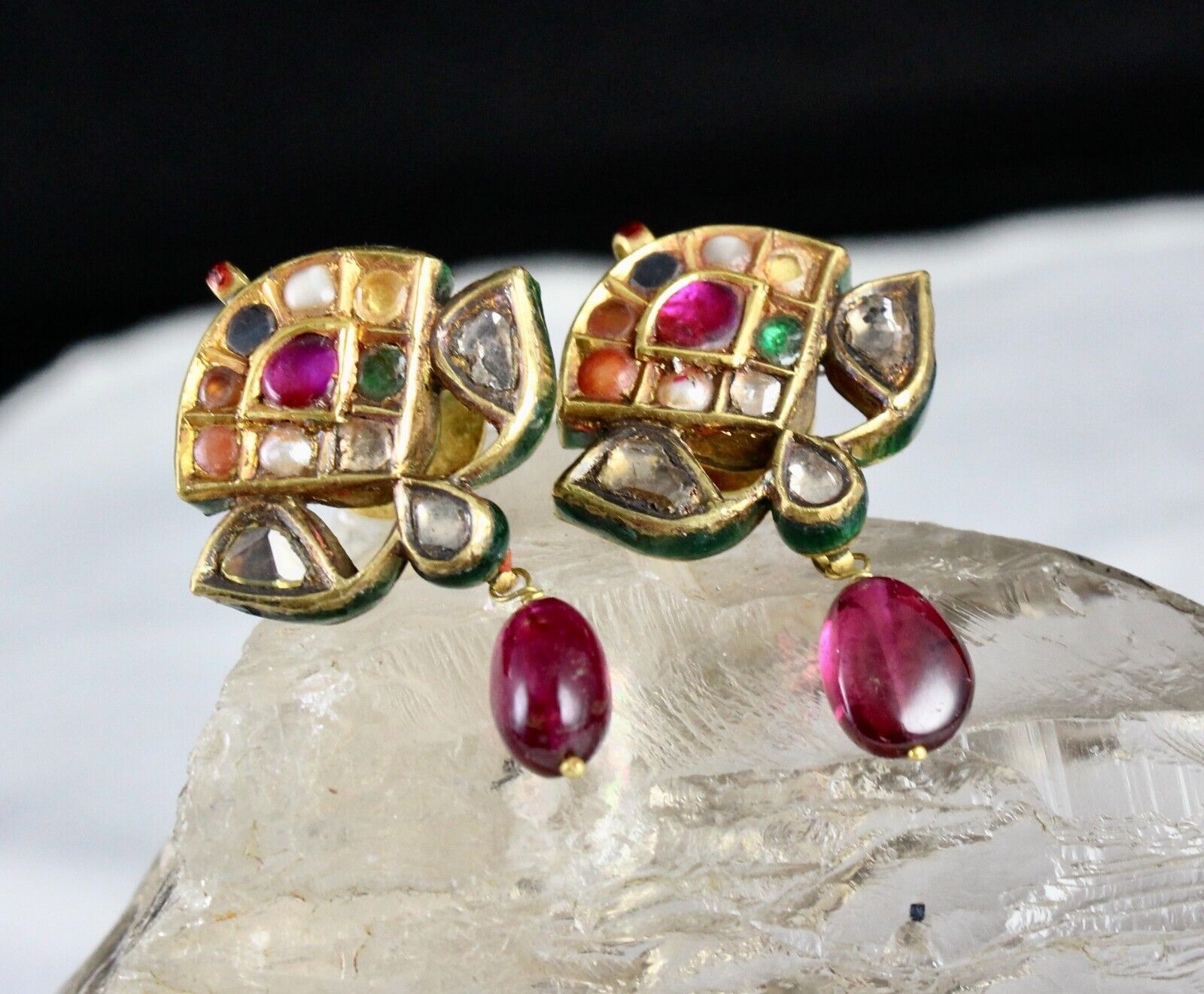 Fine Diamond Cut Navratan Stone 22k Yellow Gold Jadau Indian Style Stud Earring