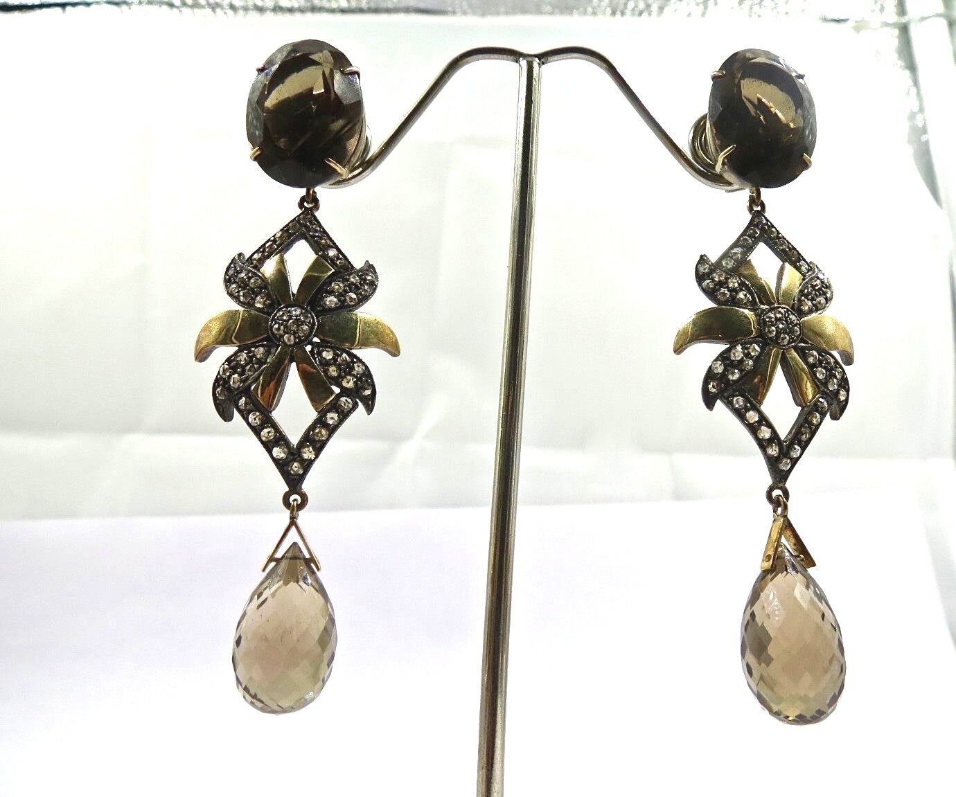 NATURAL SMOKY QUARTZ CUT GEMSTONE DIAMOND 18K GOLD VICTORIAN SILVER EARRING