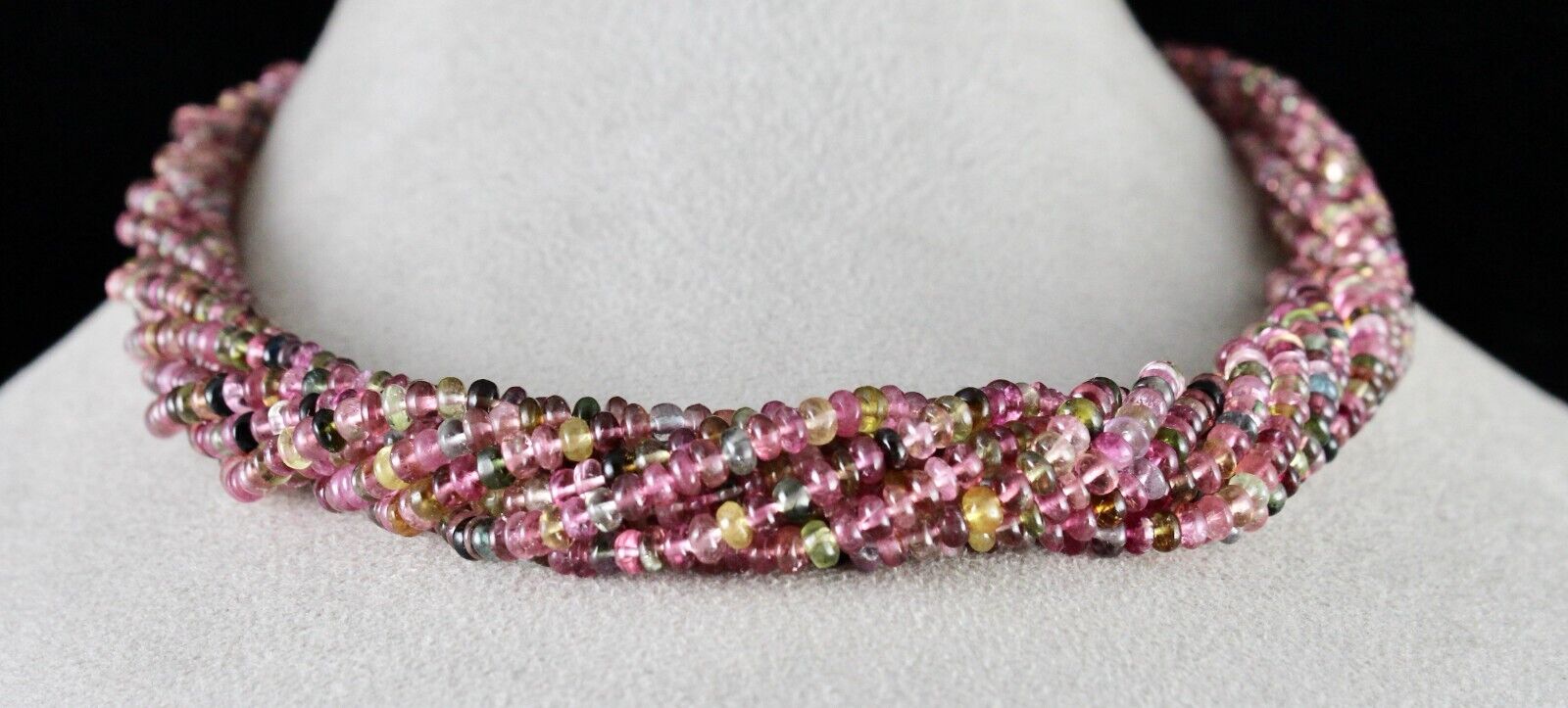 NATURAL TOURMALINE BEADED 9 LINE 400 CT MULTI COLOUR GEMSTONE SILVER NECKLACE