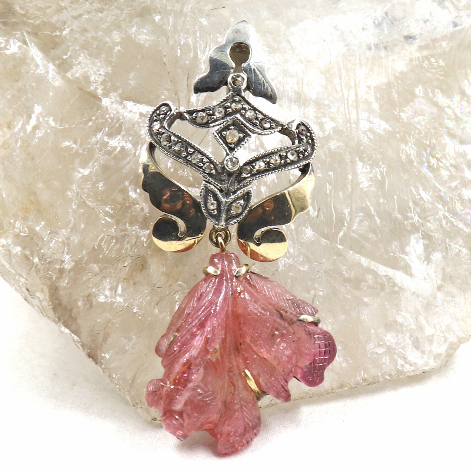 ANTIQUE PINK TOURMALINE DIAMOND 925 SILVER 18K GOLD VICTORIAN GEMSTONE PENDANT