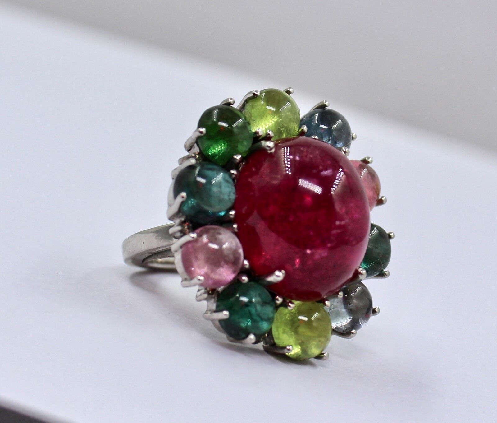 MULTI WATERMELON TOURMALINE CABOCHON DIAMOND 925 SILVER LADIES COCKTAIL RING