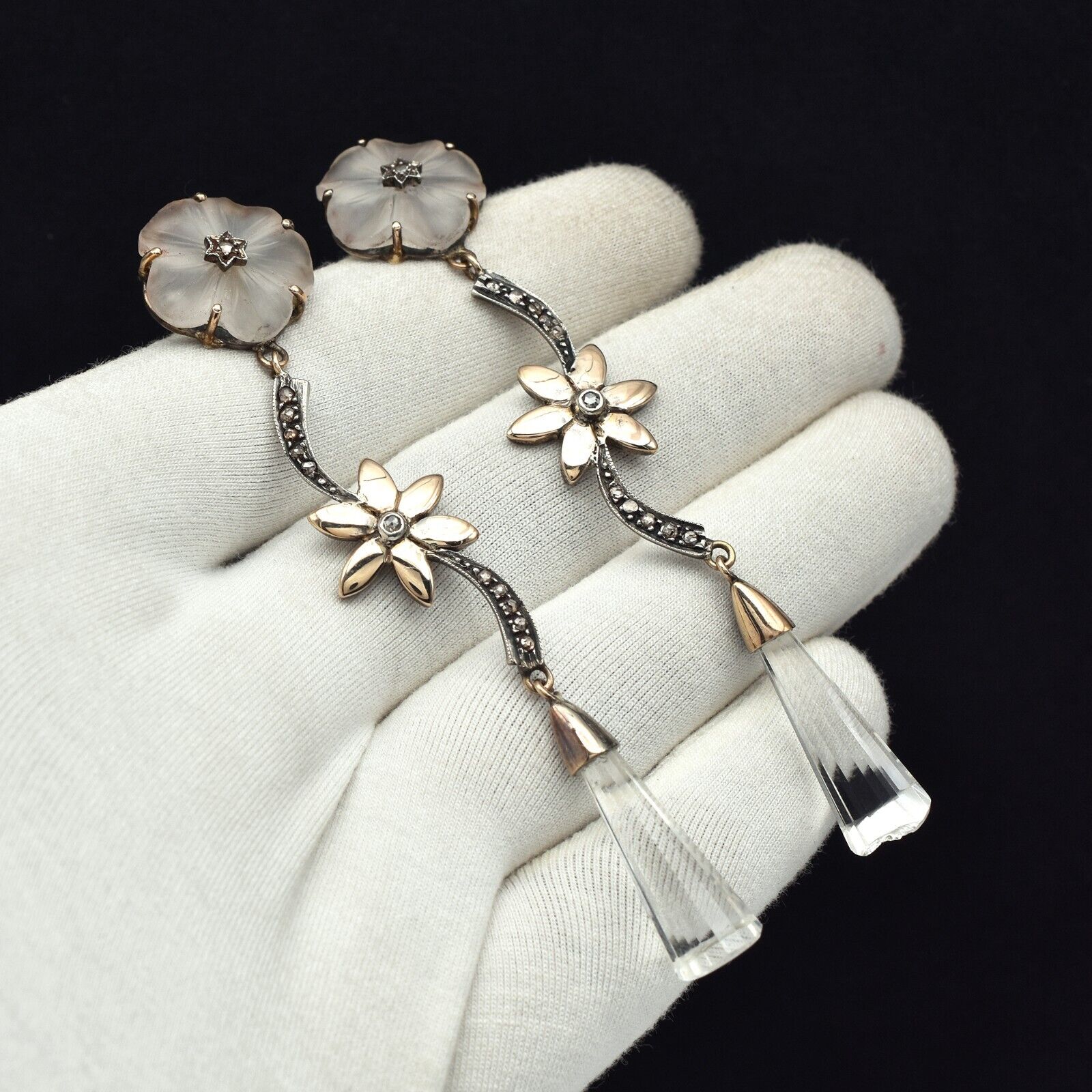 Natural Rock Crystal Quartz Carved Diamond 18K Gold & Silver Victorian Earring