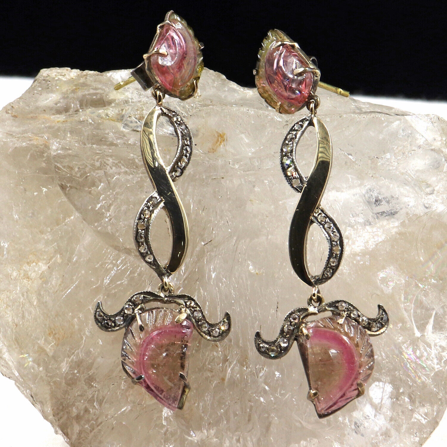 NATURAL BI COLOR TOURMALINE CARVED DIAMOND 18K GOLD 925 SILVER VICTORIAN EARRING