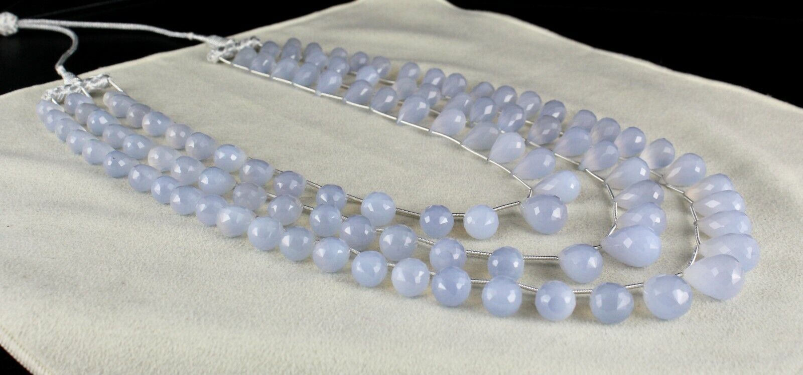 NATURAL BLUE CHALCEDONY BEADS TEARDROPS 3 LINE 814 CARATS GEMSTONE FINE NECKLACE