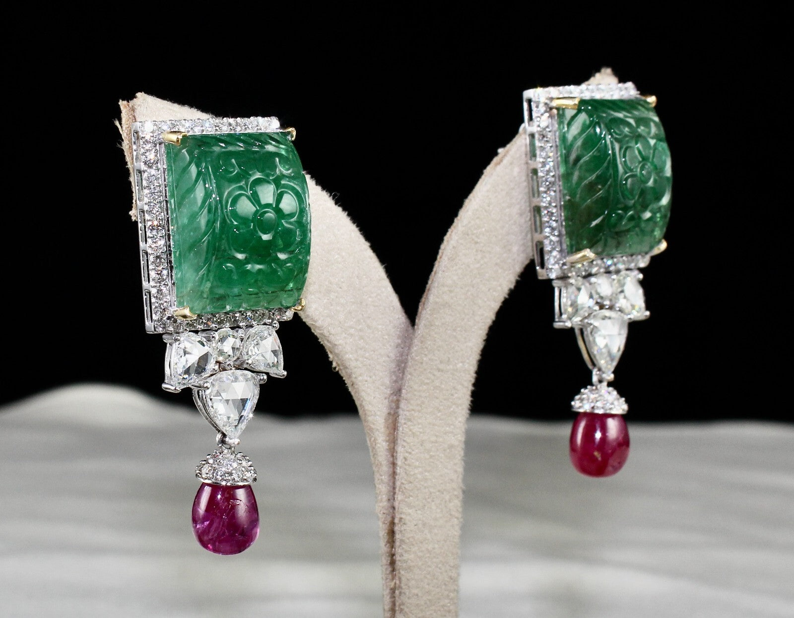 Certified 18k Gold Natural Zambia Emerald 119.2ct Ruby Diamond Earrings