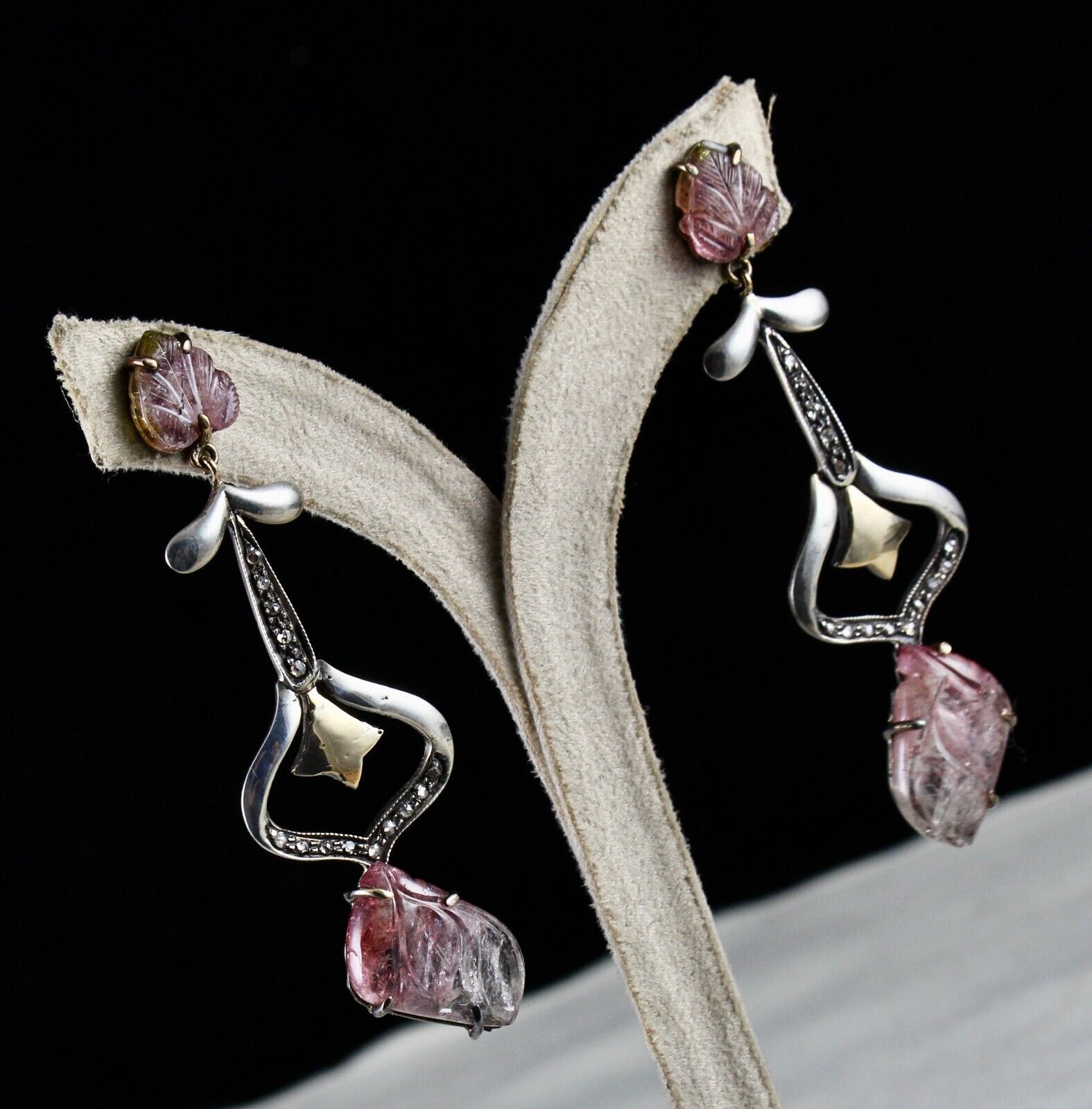 Natural Multi Tourmaline Carved Diamond 18K Gold Silver Victorian Fine Earring