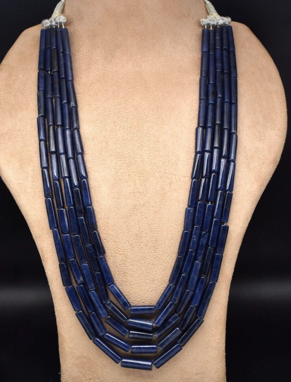 Vintage Necklace Natural Blue Jade Aventurine Beads Tube Long 5L 843 Ct Gemstone