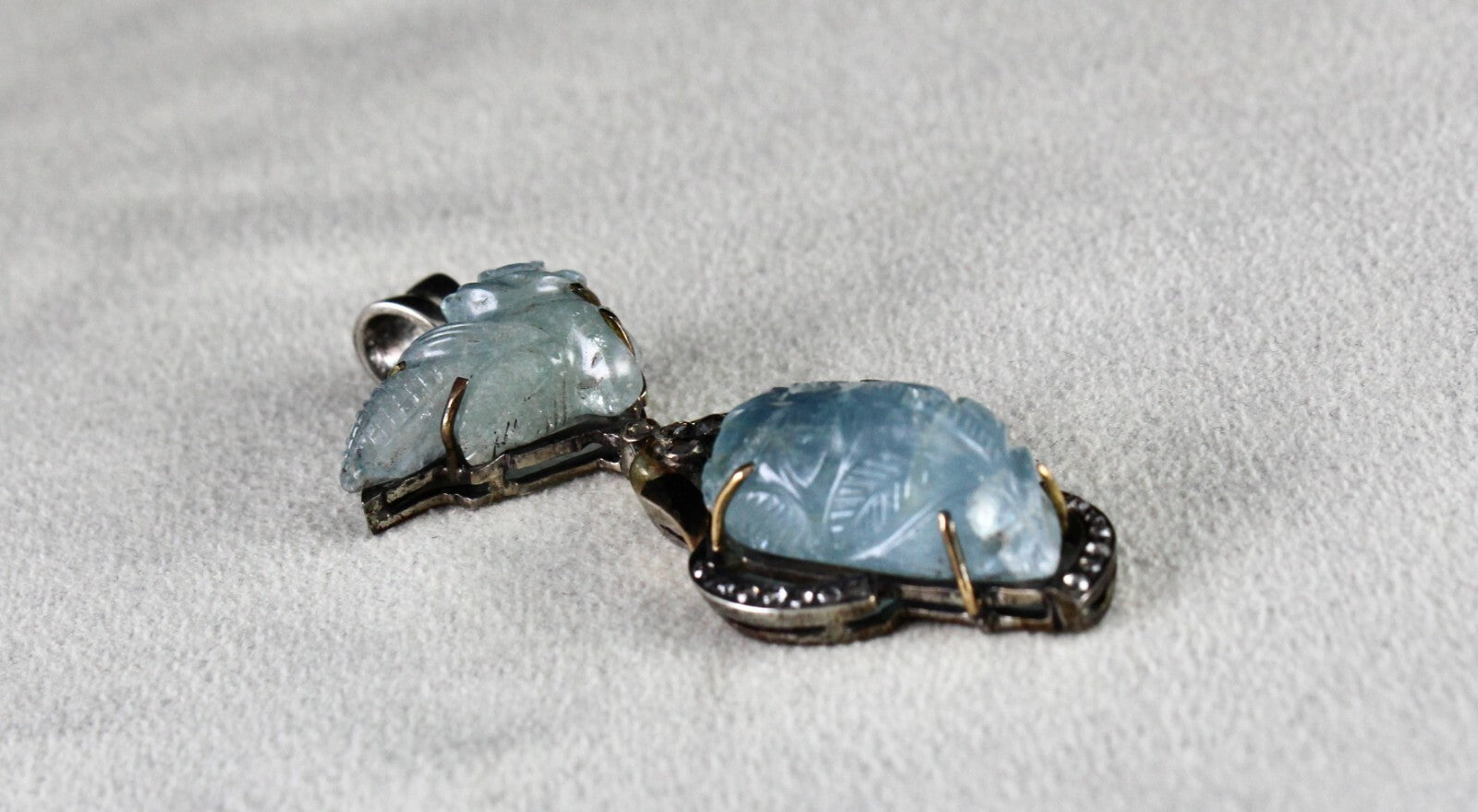 Natural Blue Aquamarine 10ct Carved Natural Diamond 18k Gold 925 Silver Pendant