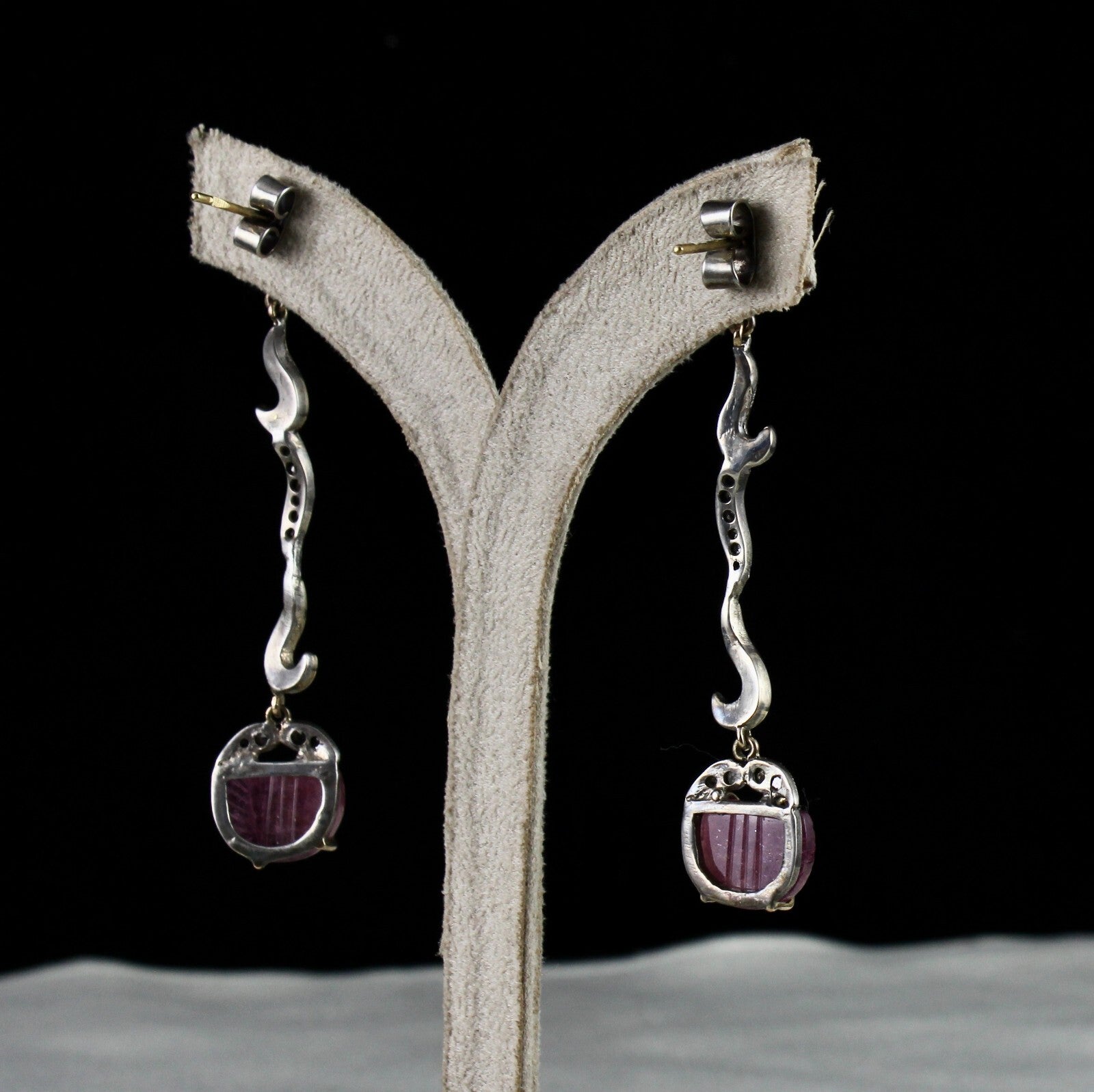 Vintage 10.00ct Natural Pink Tourmaline Carved Diamond 18k Gold Earrings