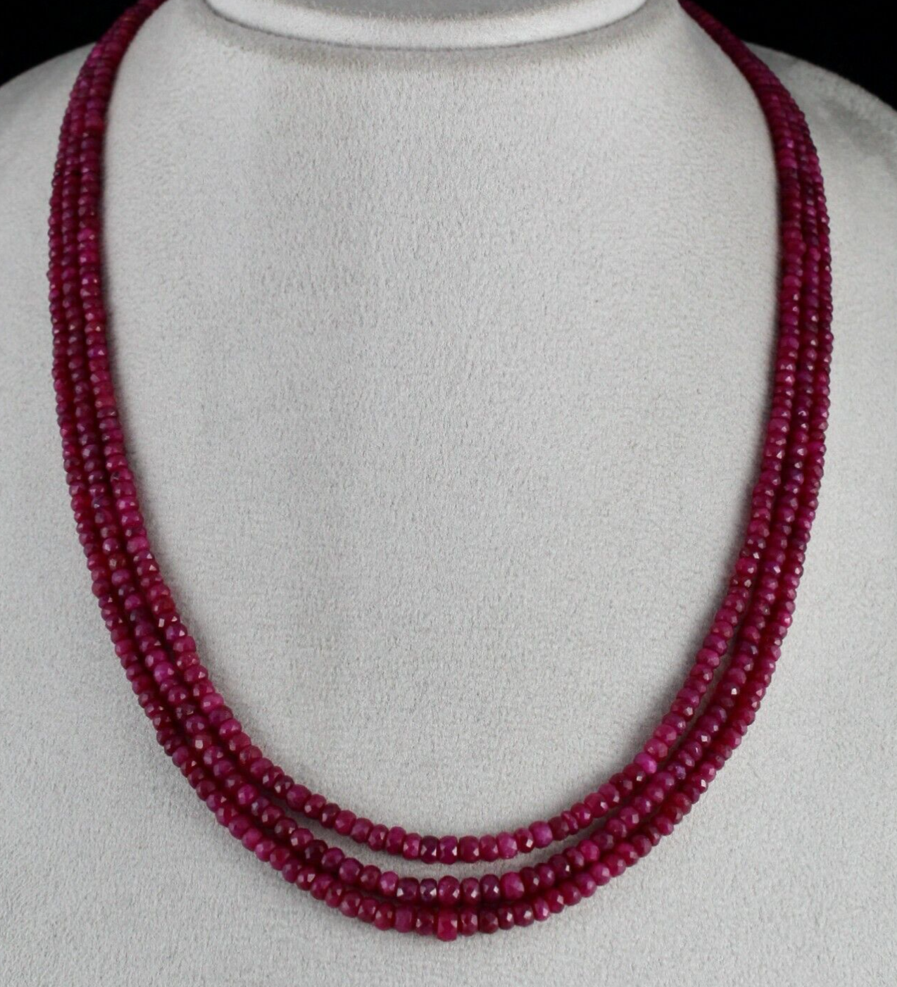 RUBY CORUNDUM BEADS LONG 3 LINE 272 CARATS OLD DYED GEMSTONE NECKLACE