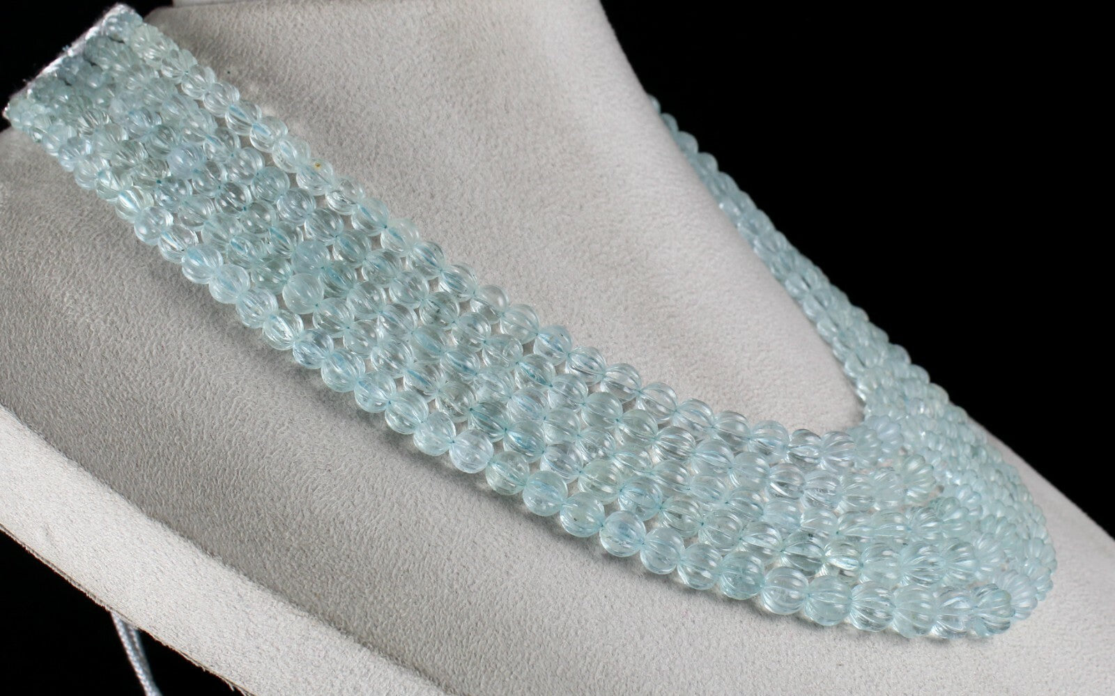 Certified Natural Aquamarine Carved Beads Necklace 900 Ct Blue Gemstone Melon