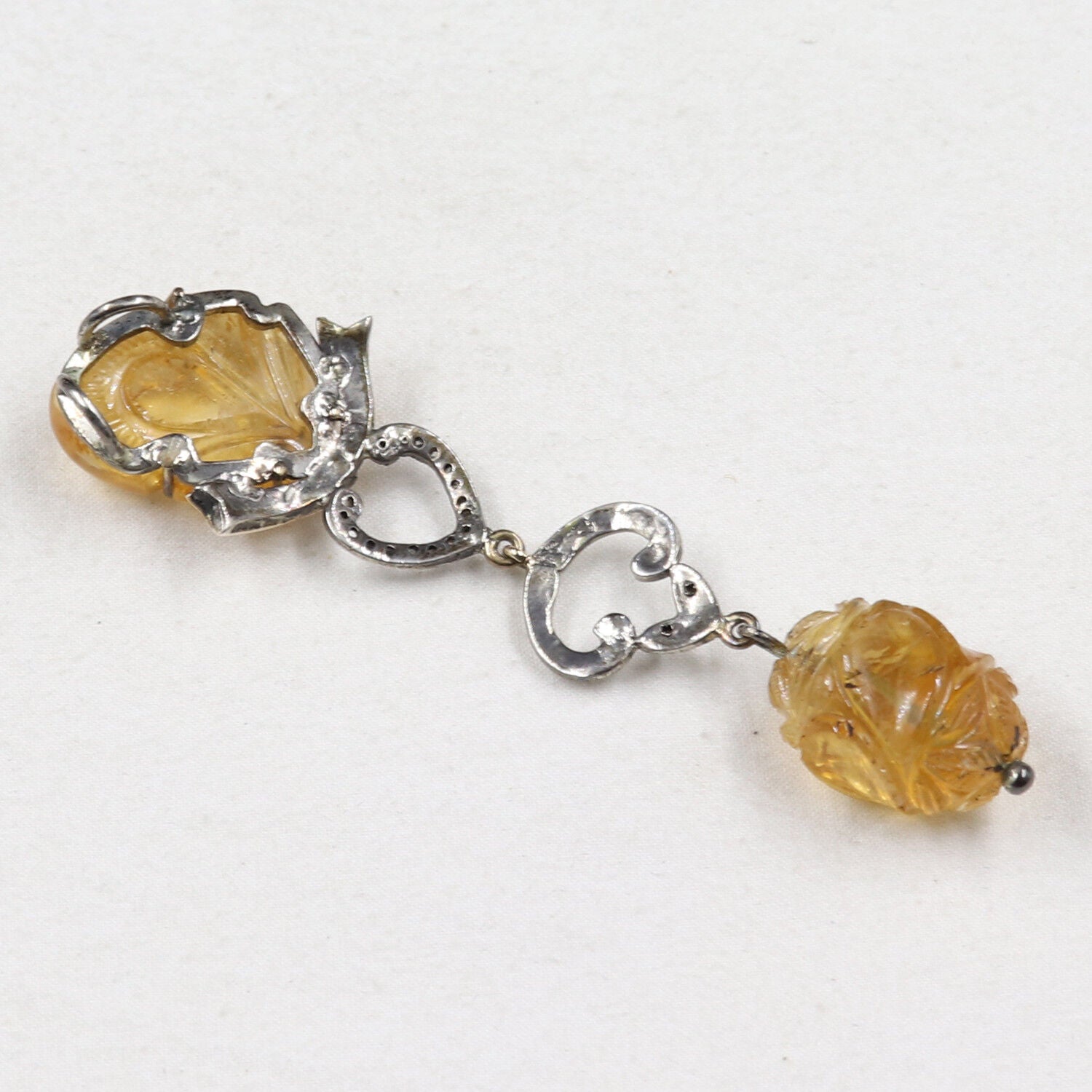 Natural Citrine Carved Diamond 18K Gold 925 Silver Victorian Gemstone Pendant