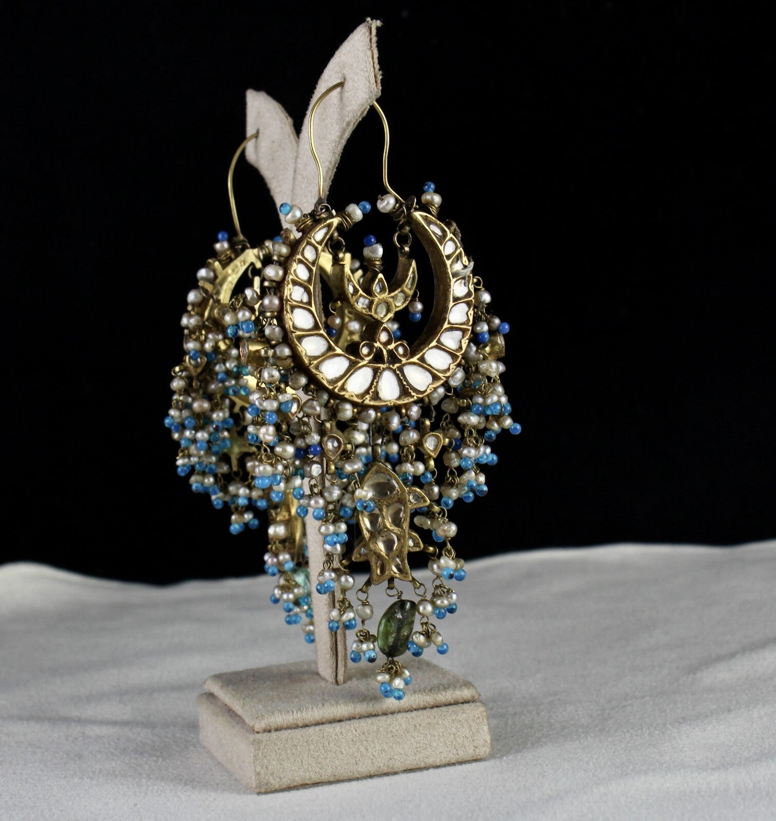 Certified Antique Jadau Chandbali Earrings 22k Gold Gemstone Pearl 10ct Dangle