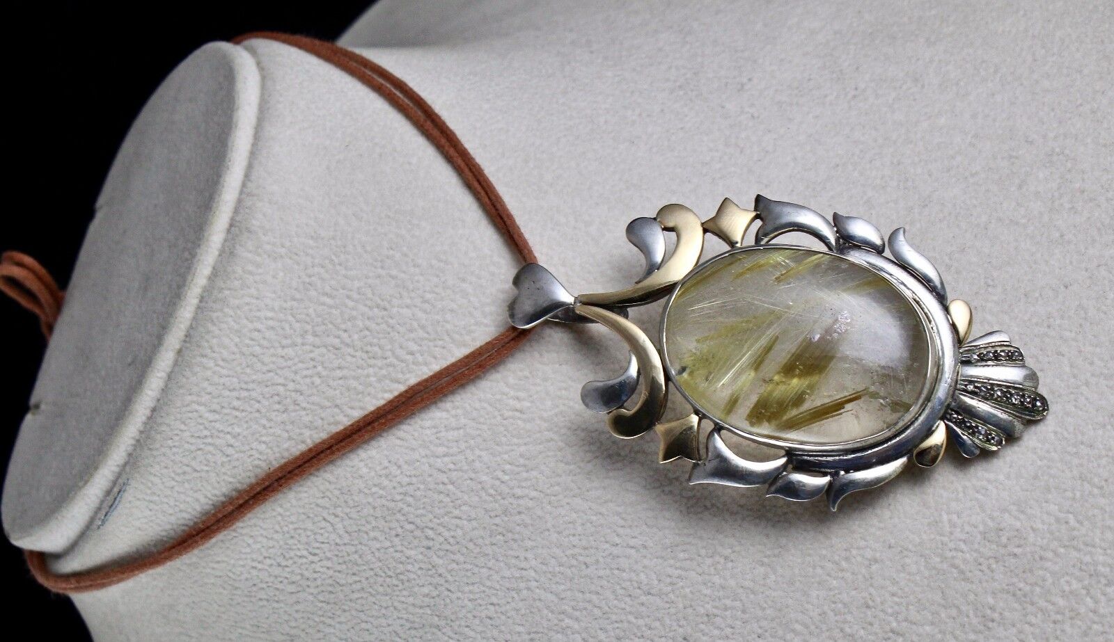NATURAL RUTILE OVAL CABOCHON 18K GOLD DIAMOND 925 SILVER VICTORIAN PENDANT