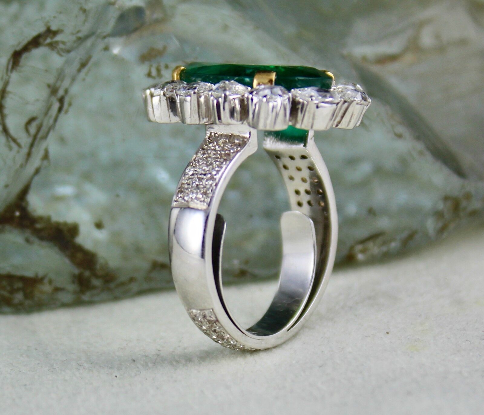 Natural Zambian Emerald Pear Cut Rose Cut Diamond 18K Gold Cocktail Ring
