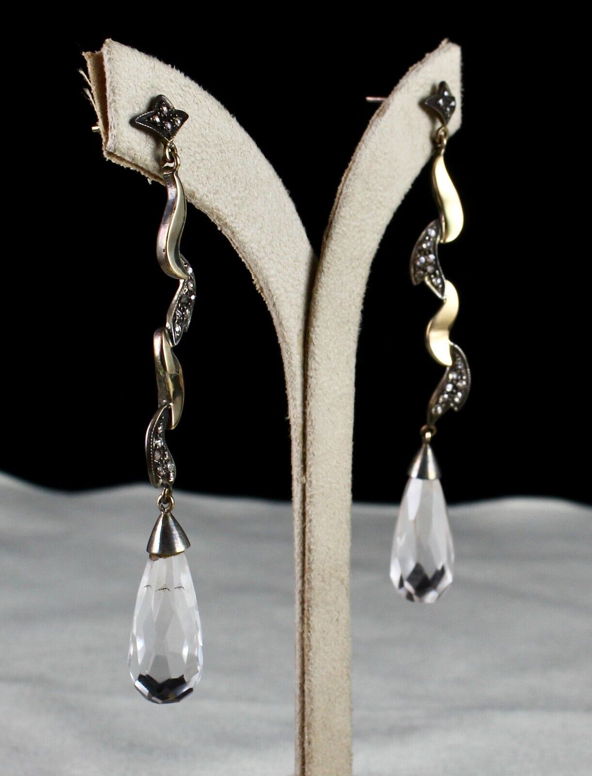 Natural Rock Crystal Quartz Cut Stone Diamond 18K Gold Victorian Silver Earring
