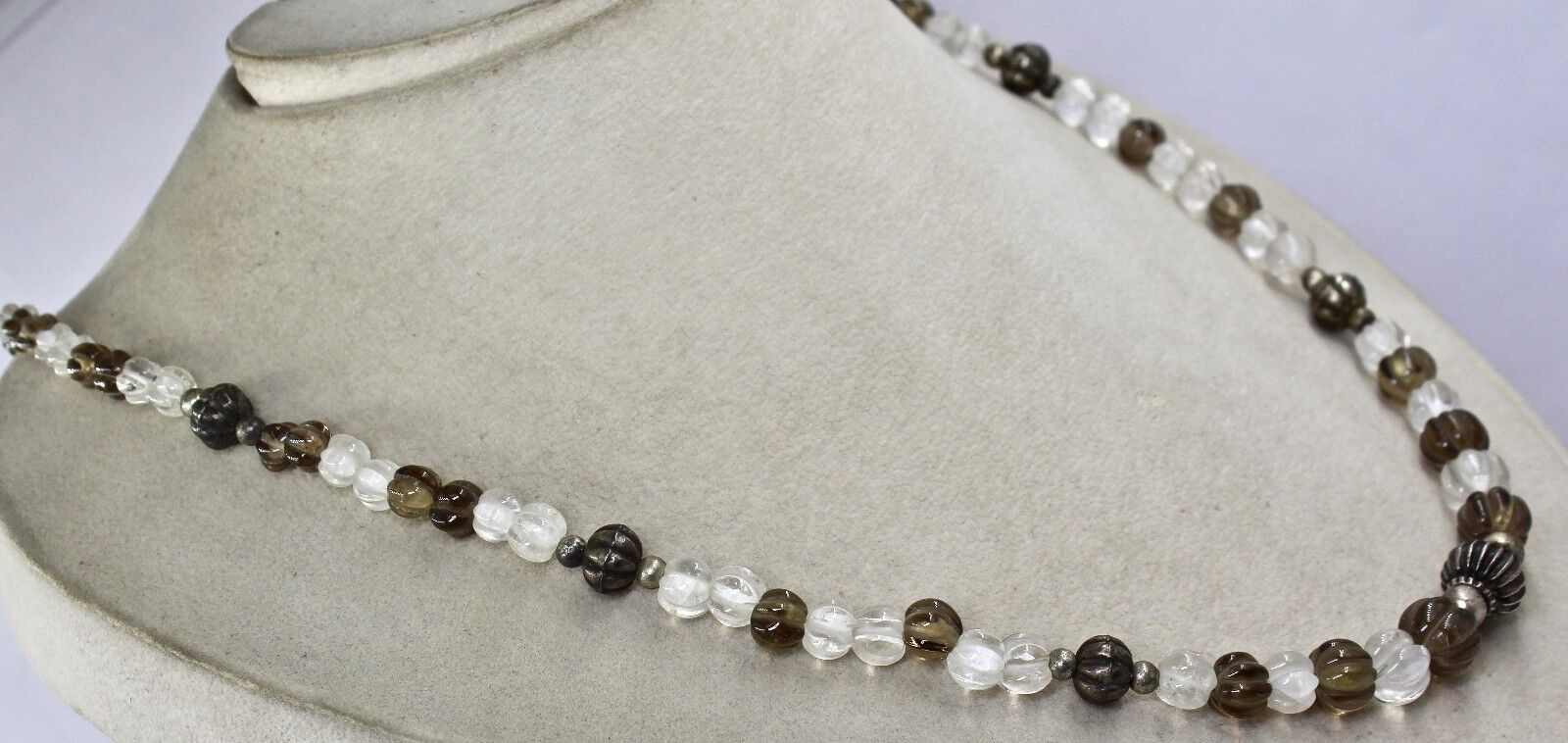 ESTATE SMOKY & CRYSTAL QUARTZ 925 STERLING SILVER BEADS 25"LONG FASHION NECKLACE