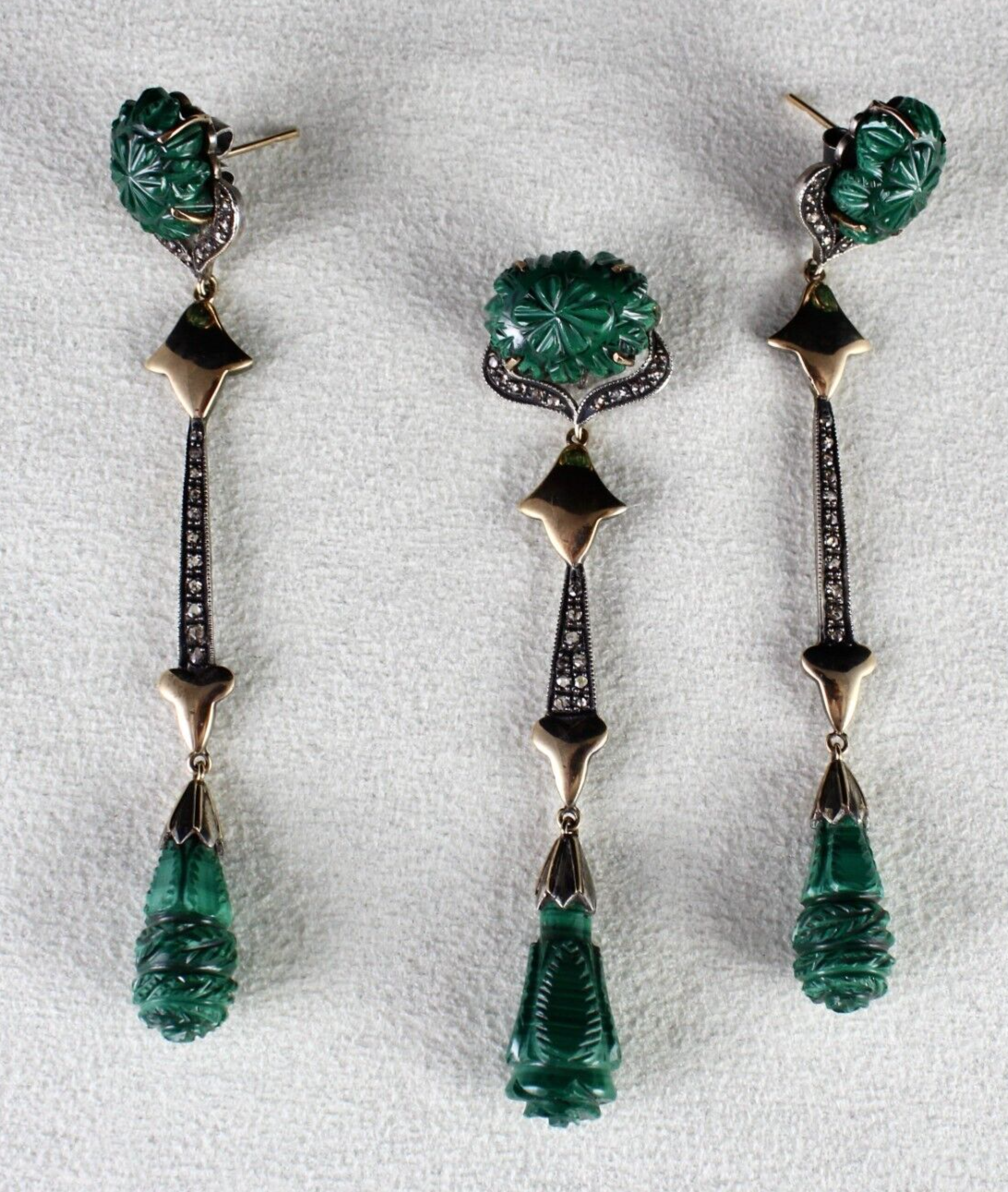 NATURAL MALACHITE CARVED DIAMOND SILVER 18K GOLD VICTORIAN PENDANT EARRING SET