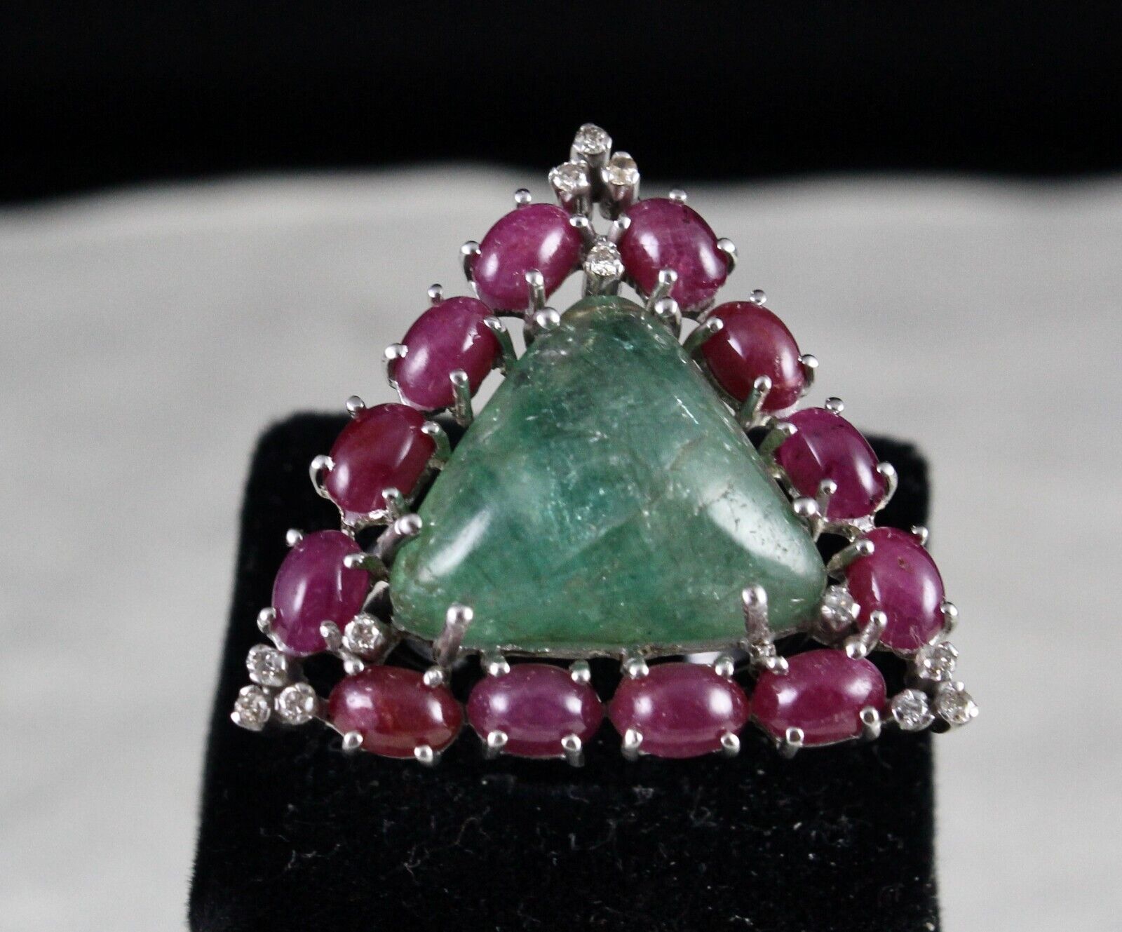 Antique Natural Emerald Ruby Cabochon Gemstone Diamond Silver Big Cocktail Ring