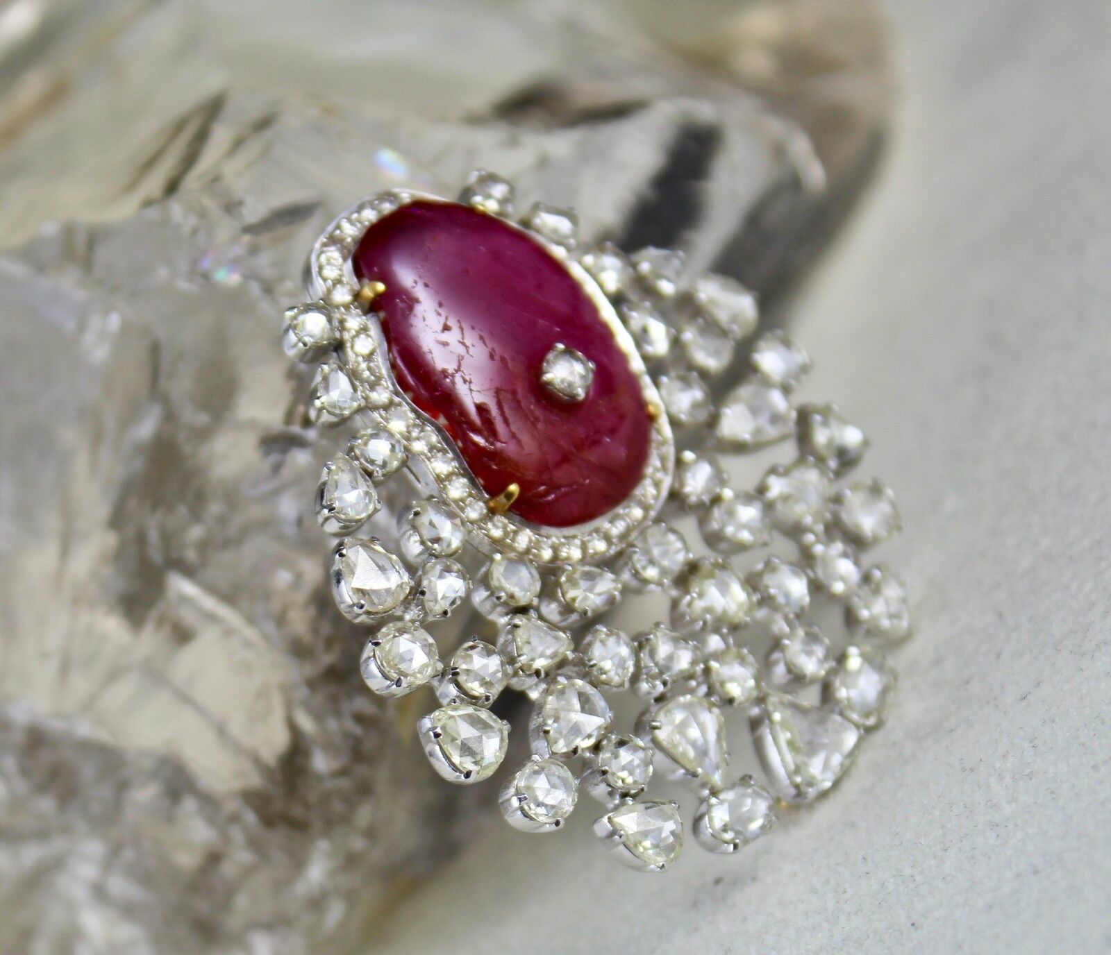 NATURAL NO HEAT BURMA RUBY CABOCHON ROSE CUT DIAMOND 18K GOLD PENDANT BROOCH