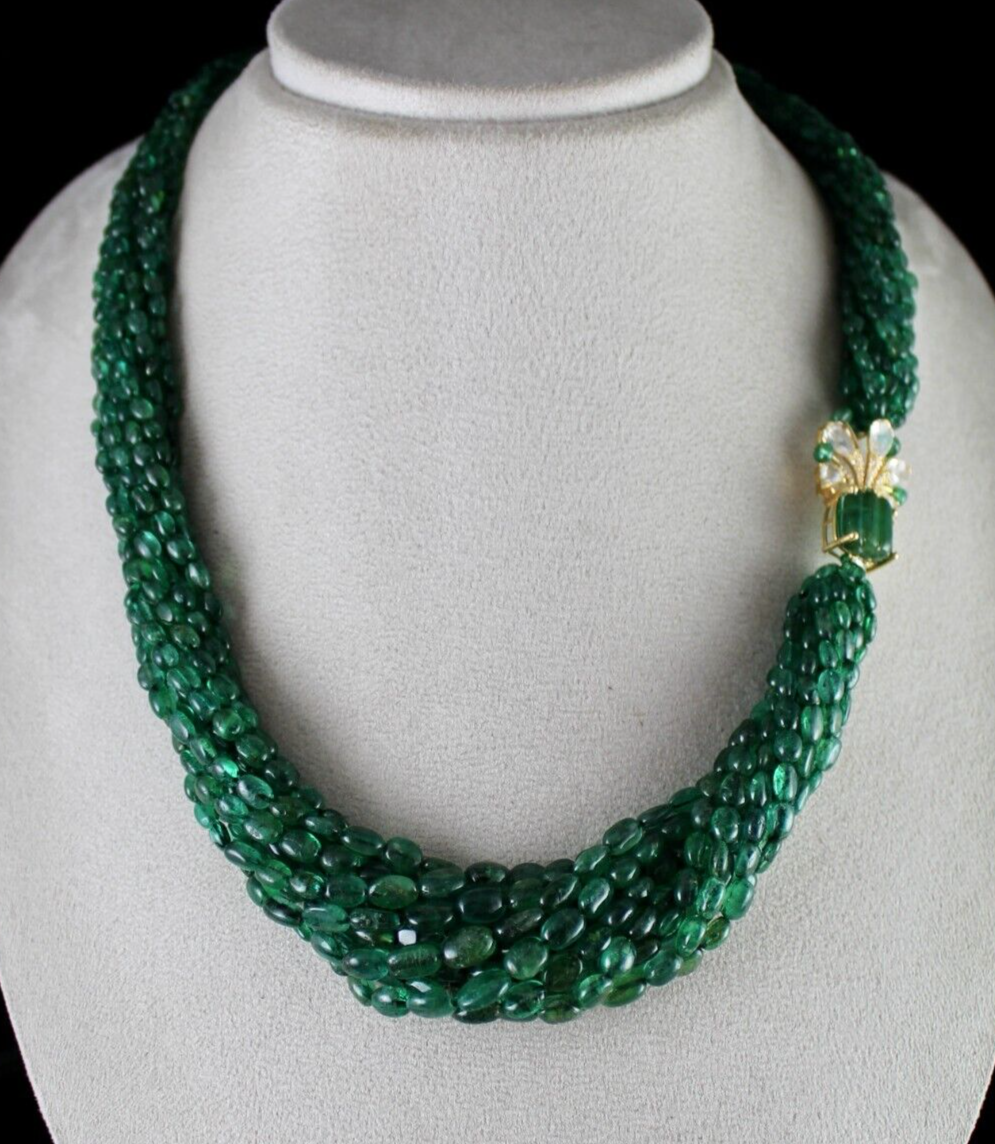Certified Vintage Natural Emerald 673ct Beaded Natural Diamond 18k Gold Necklace