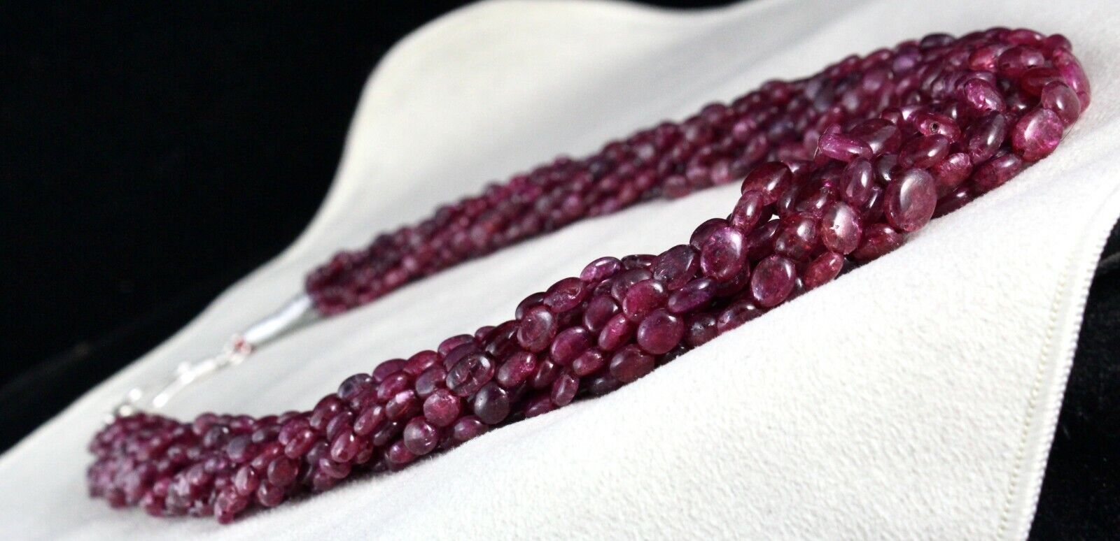 RUBY CORUNDUM BEADS LONG 11 LINE 850 CARATS OLD DYED GEMSTONE SILVER NECKLACE