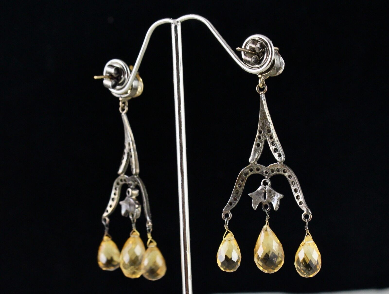 NATURAL CITRINE CUT DROPS DIAMOND 18K GOLD & 925 SILVER VICTORIAN ESTATE EARRING