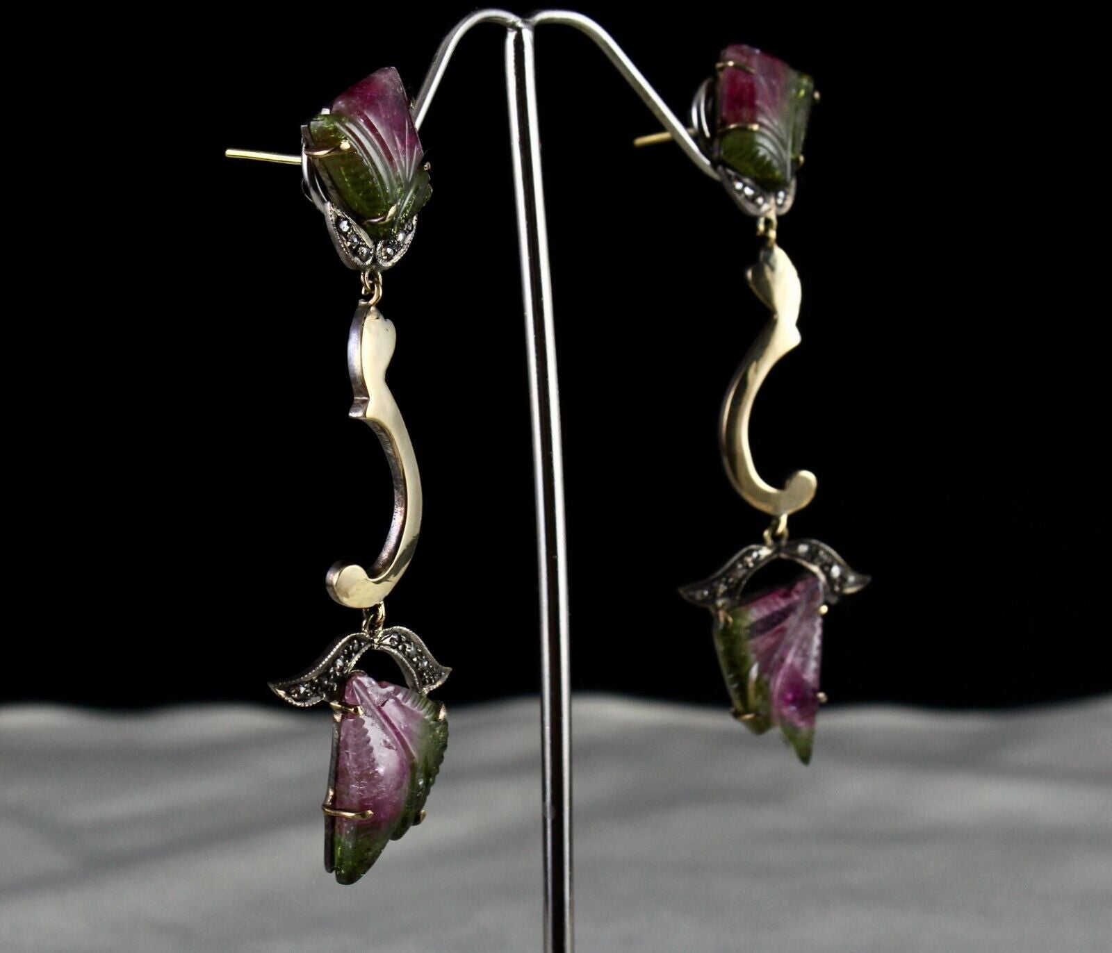 NATURAL MULTI TOURMALINE GEMSTONE DIAMOND 18K GOLD 925 SILVER VICTORIAN EARRING