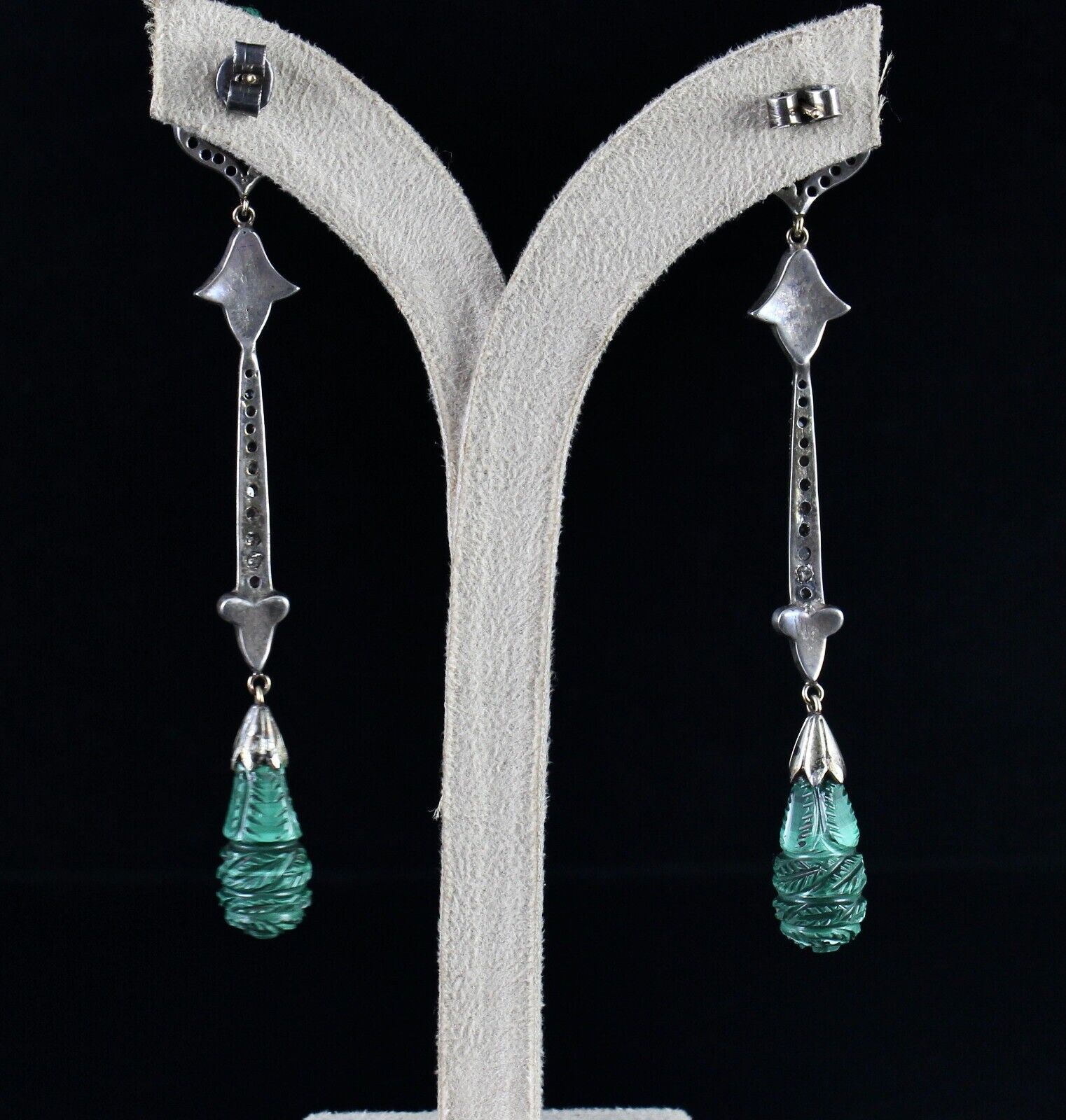 NATURAL MALACHITE CARVED DIAMOND SILVER 18K GOLD VICTORIAN PENDANT EARRING SET