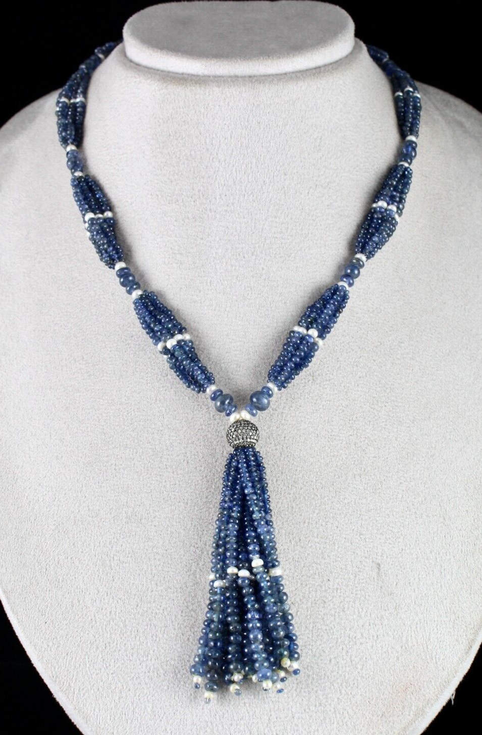 Certified Natural Blue Sapphire 398 Ct Pearl Beads Sterling Silver Necklace