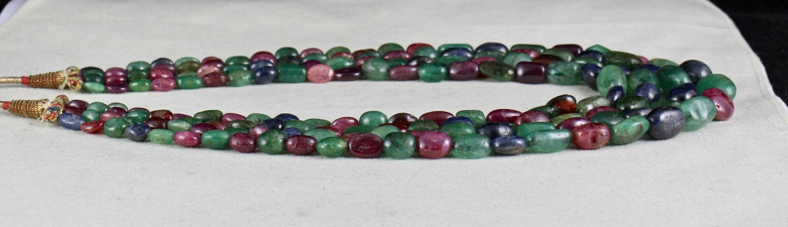Certified Antique Natural Emerald Ruby Blue Sapphire 886 Ct Beads Necklace