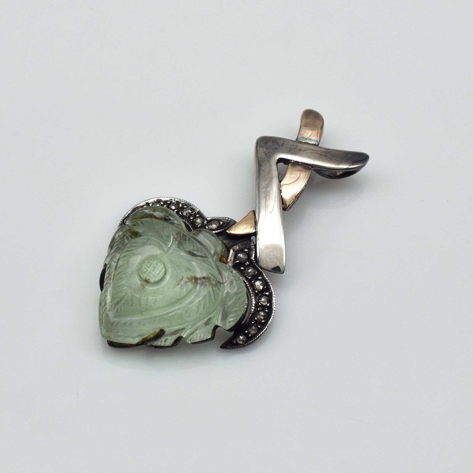 Natural Green Aquamarine Engraved 18K Gold Diamond 925 Silver Victorian Pendant