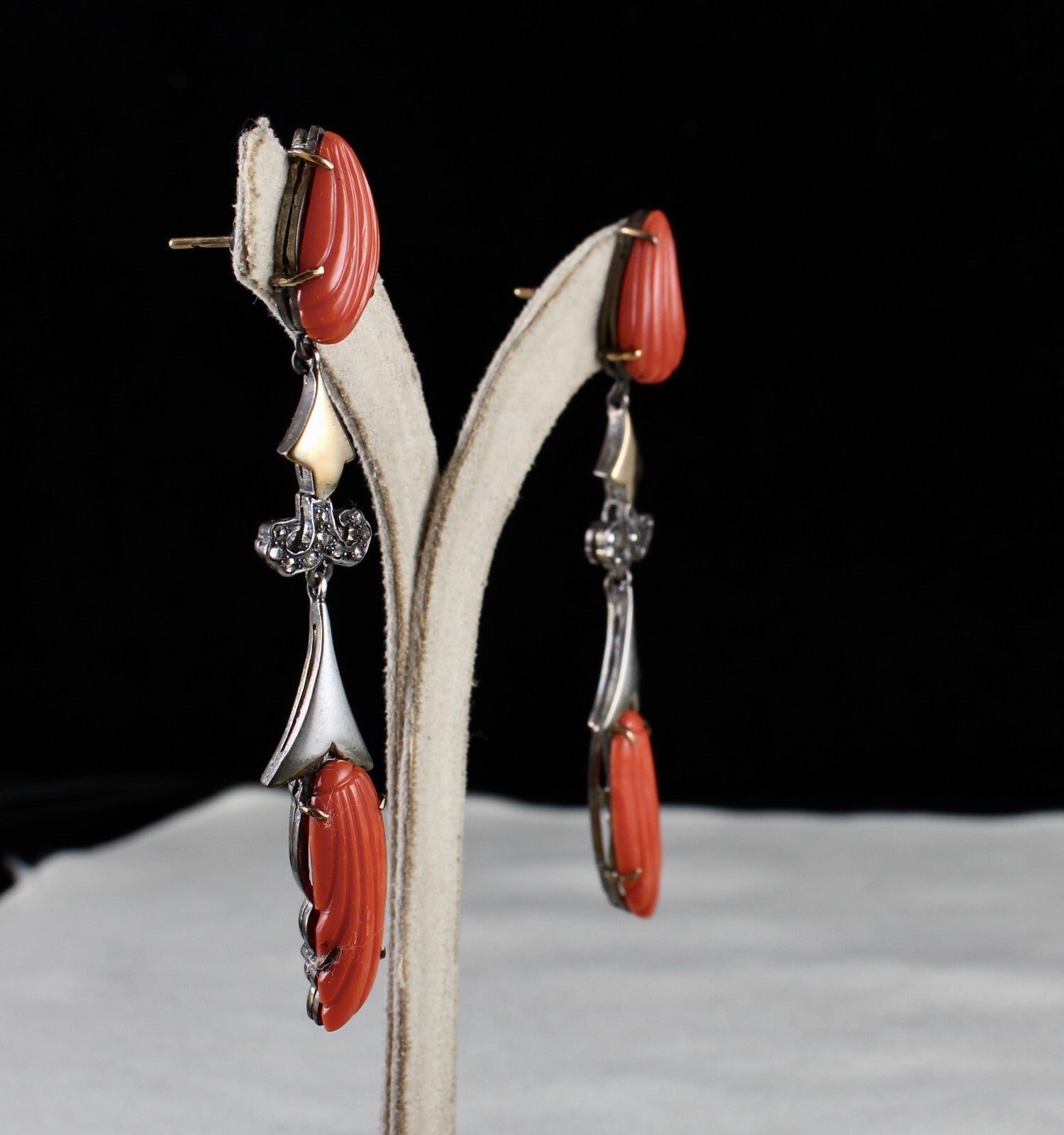 Certified Estate Red Coral 10ct Natural Diamond 18k And Sterling Silver Earrings