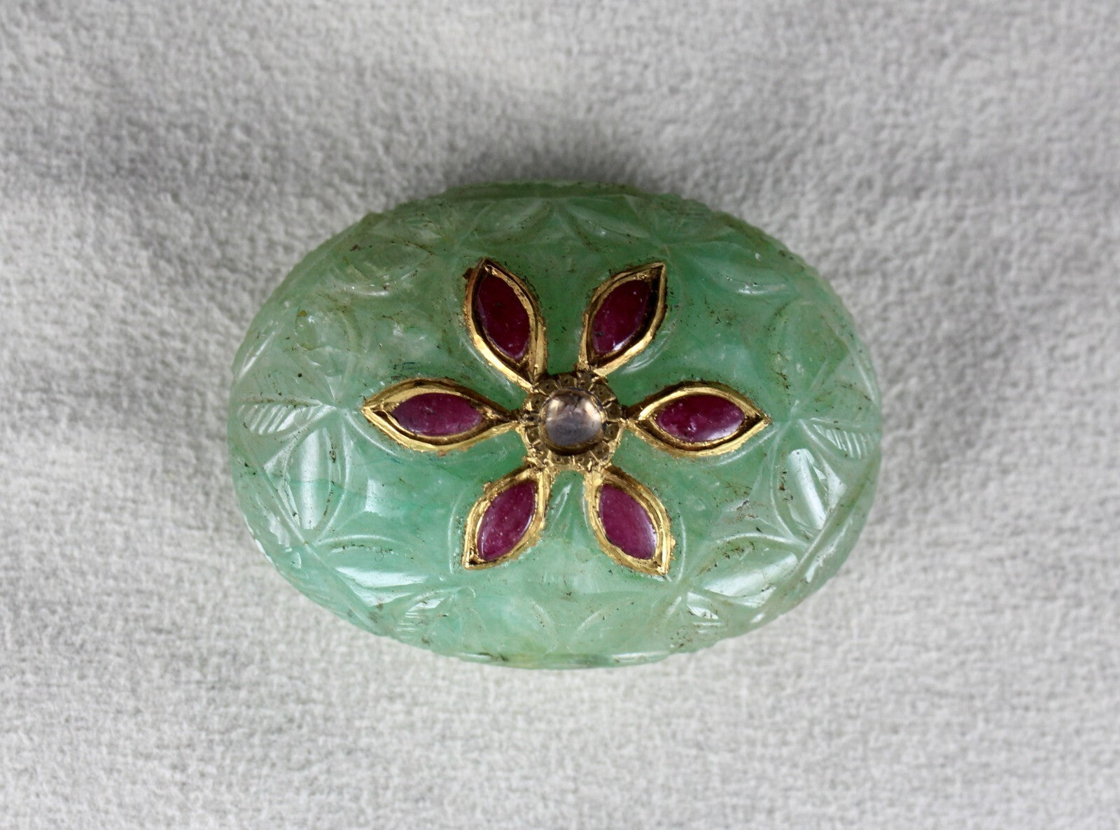 Certified Mughal Emerald Quartz 10ct Carved Ruby 22k Gold Pendant Design