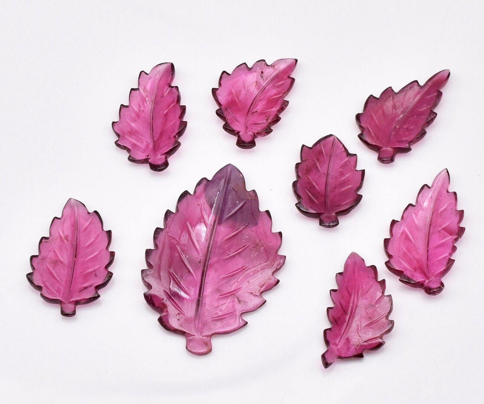 Natural Pink Tourmaline Carved Leaf 7 Pc 29.78 Ct Gemstone Pendant Set Design