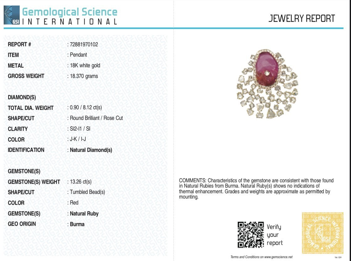 Certified Burma Ruby 10ct Natural Diamond 18k Gold Pendant Brooch