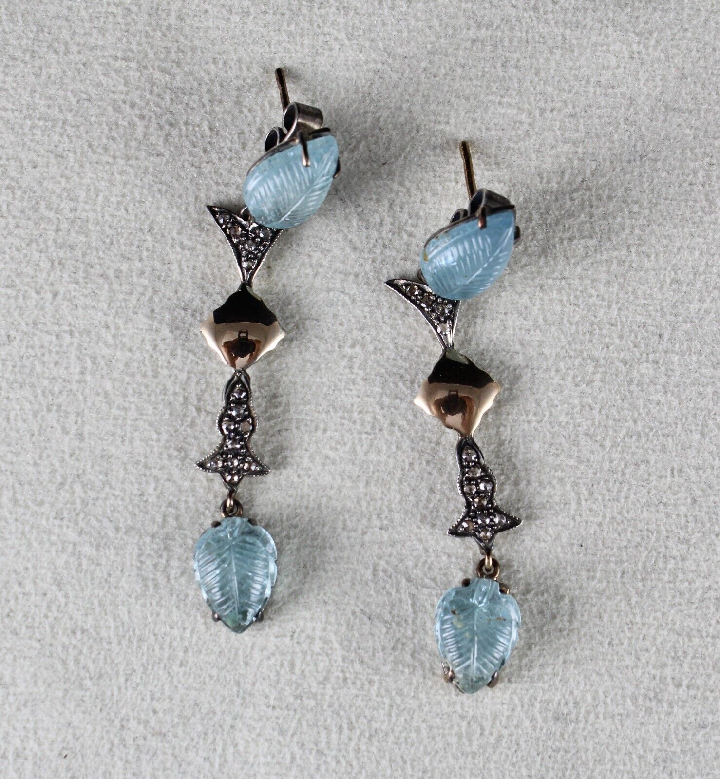 NATURAL BLUE AQUAMARINE CARVED DIAMOND 18K GOLD 925 SILVER VICTORIAN EARRING