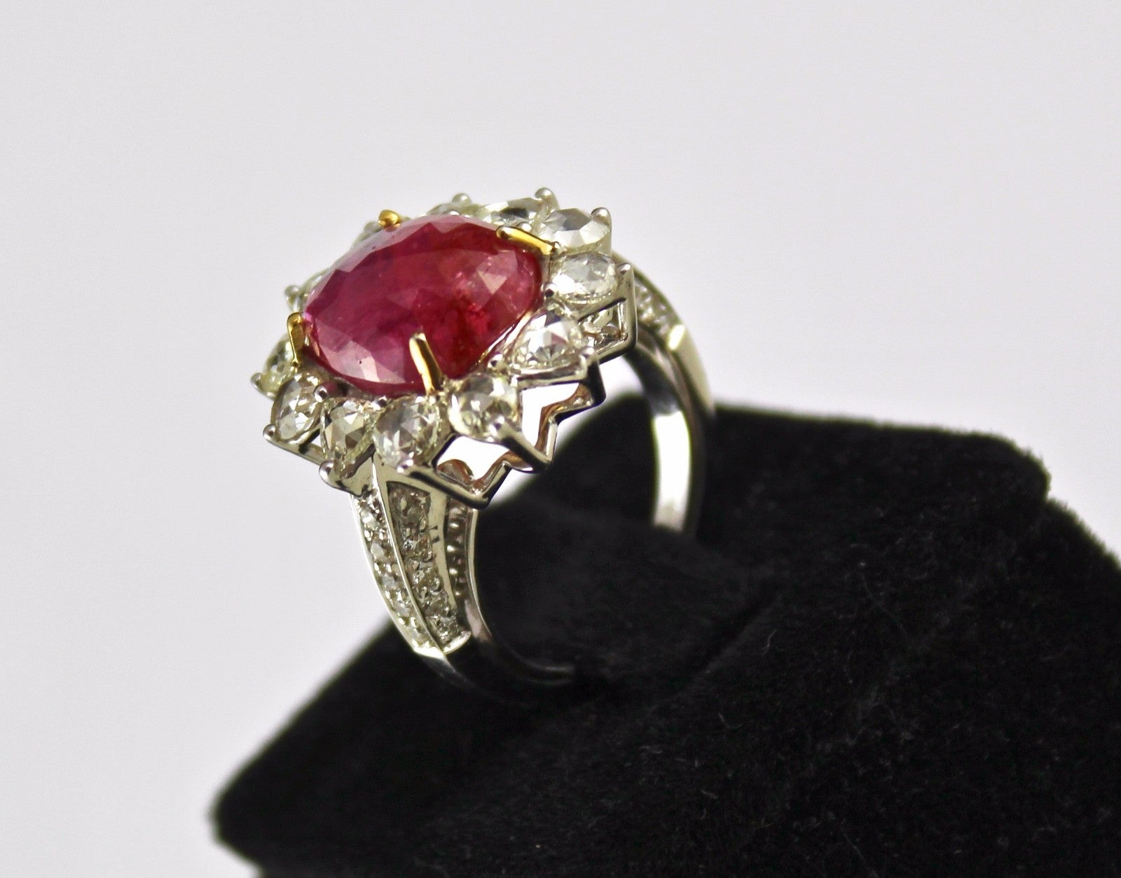Certified Natural Burma Ruby Cabochon 10ct Diamond 18k White Gold Ring
