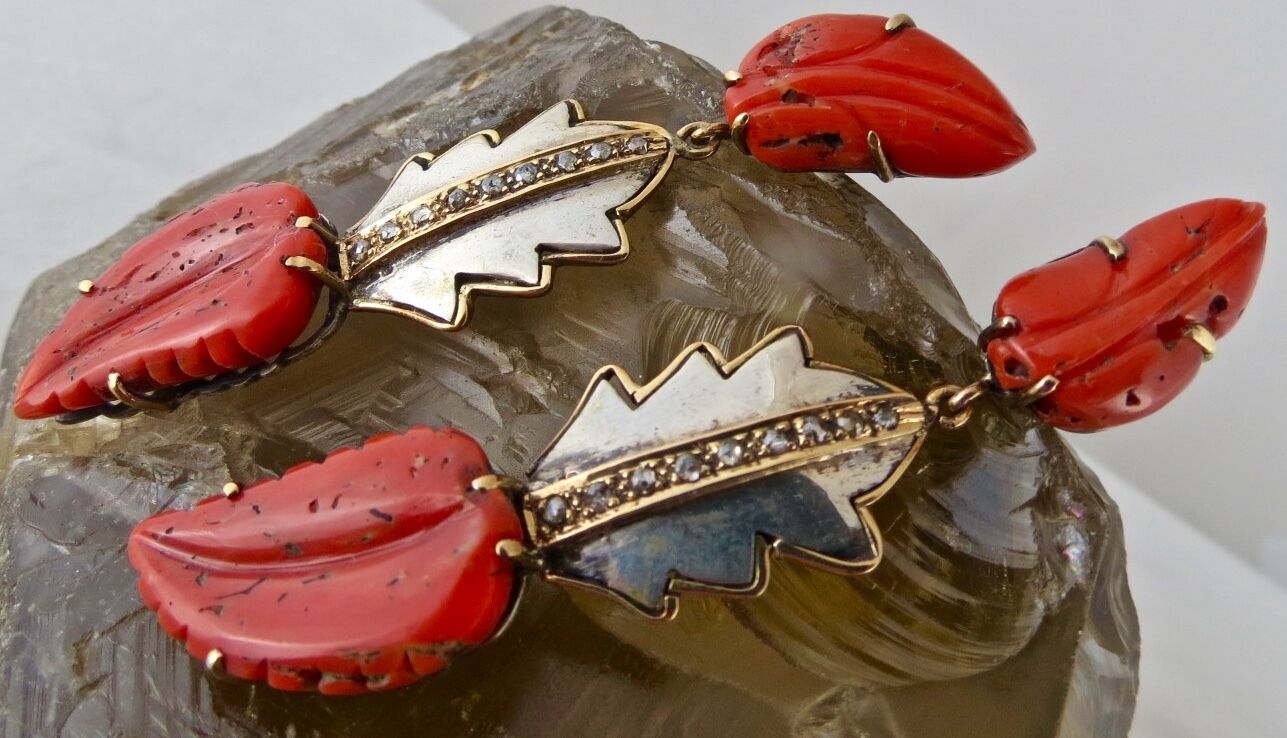 NATURAL CORAL CARVED 19.50 CARATS LEAVES DIAMOND 925 SILVER 18K GOLD EARRING