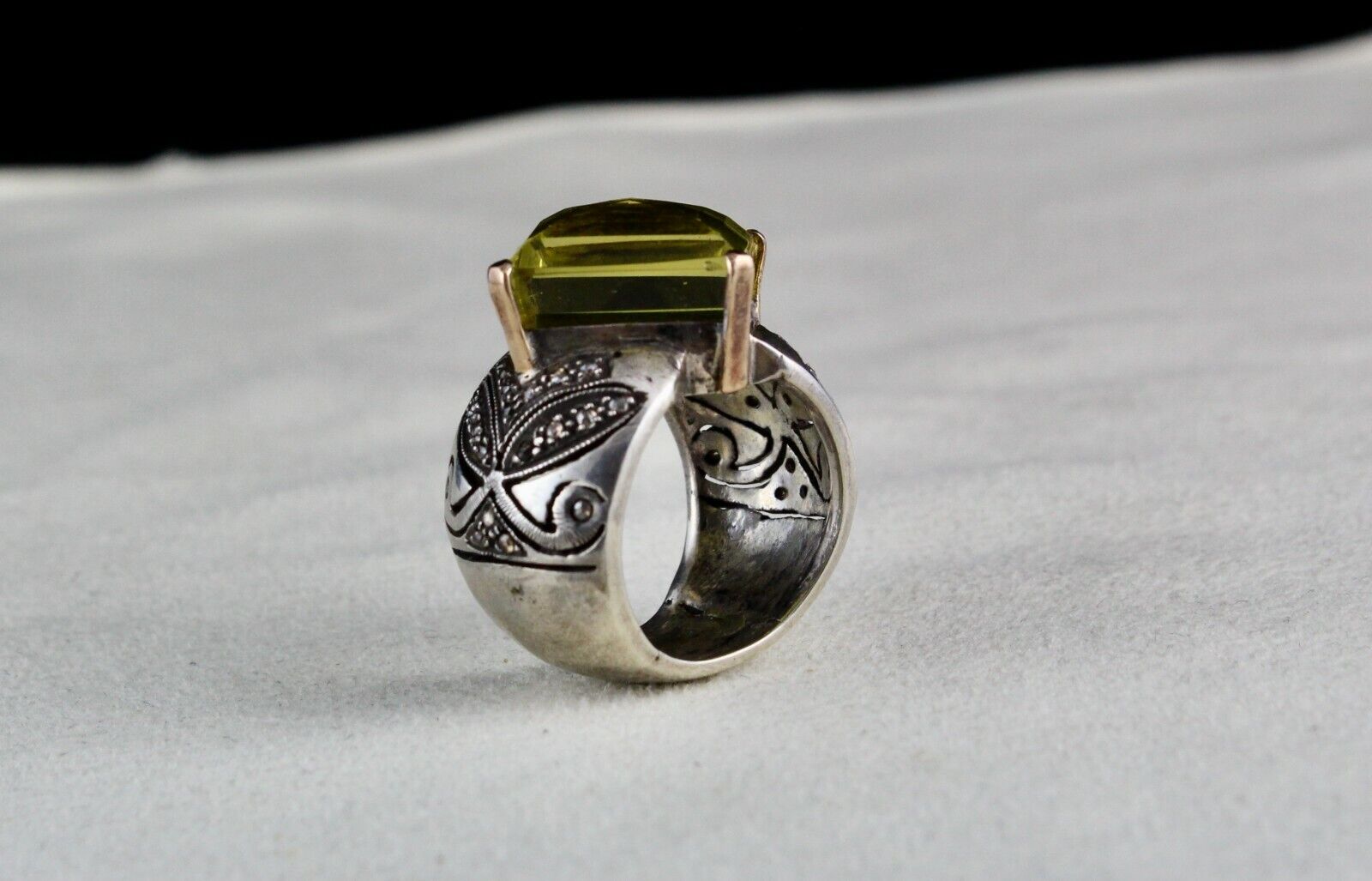 NATURAL LEMON QUARTZ GEMSTONE DIAMOND 18K GOLD SILVER COCKTAIL VICTORIAN RING
